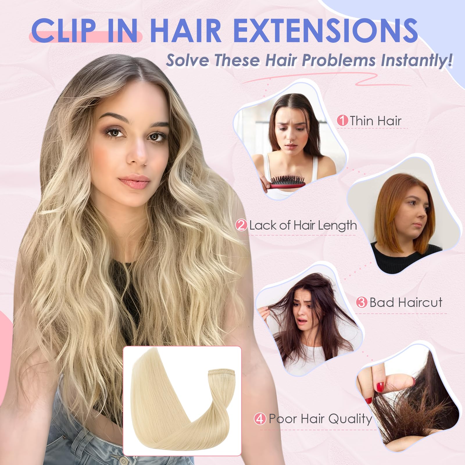 Elailite Clip in Hair Extensions Real Hair Blonde Natural Human Hair, 8 Pieces (Thin Weft) Straight, #613 Bleach Blonde - Image 2