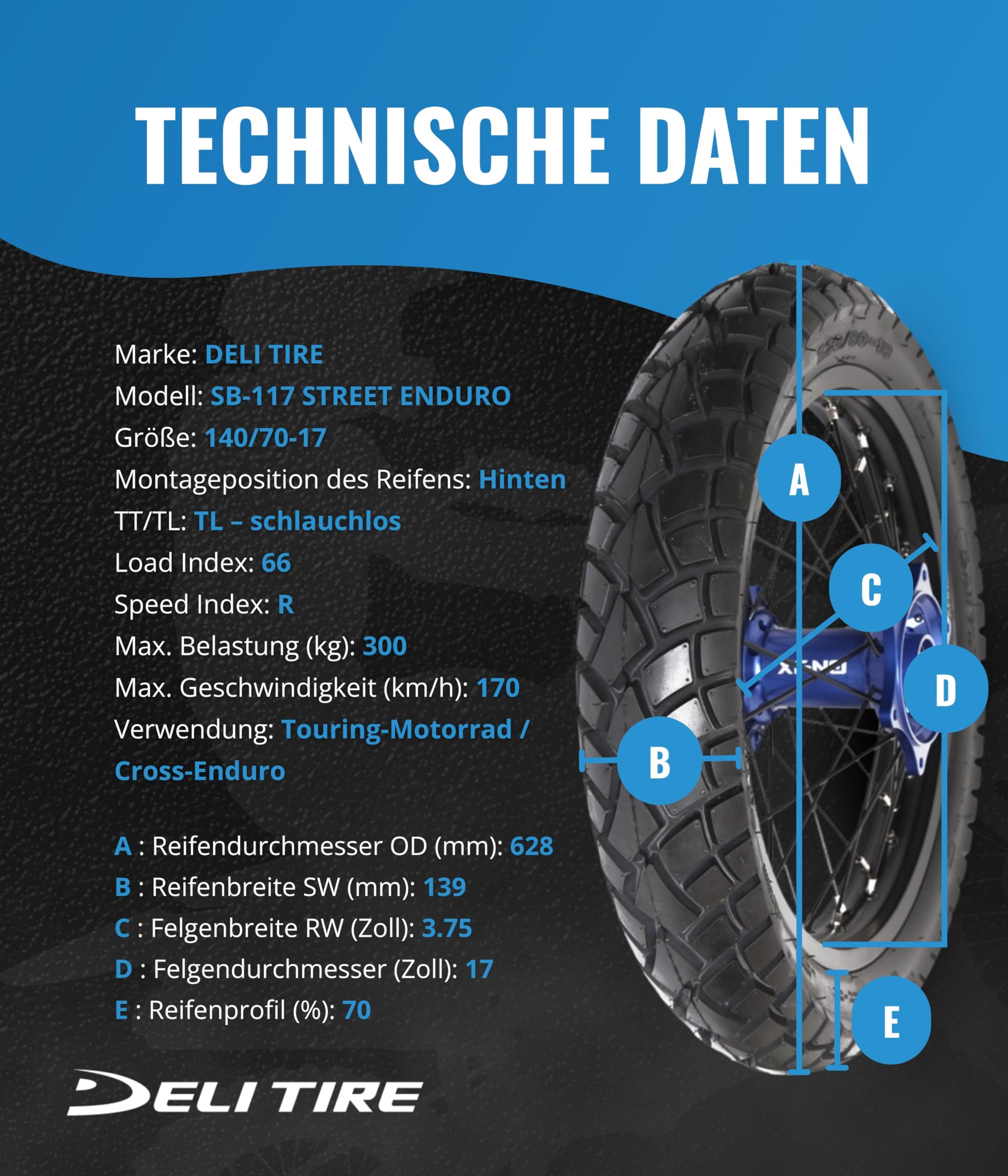 deli Pneu Street Enduro SB-117 140/70-17 TL pour toute l'année