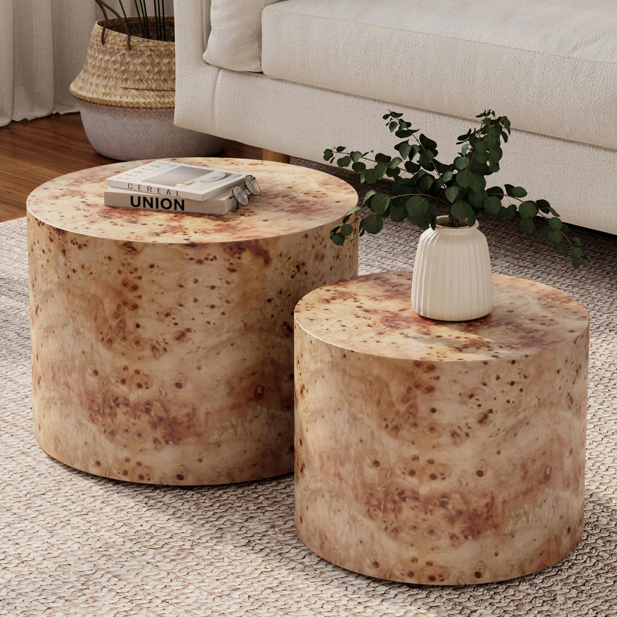 JUSTONE Nesting Coffee Table Set of 2 for Living Room, Modern Round Coffee Table End Table,Wooden Circle Side Table for Bedroom Balcony Lounge Home