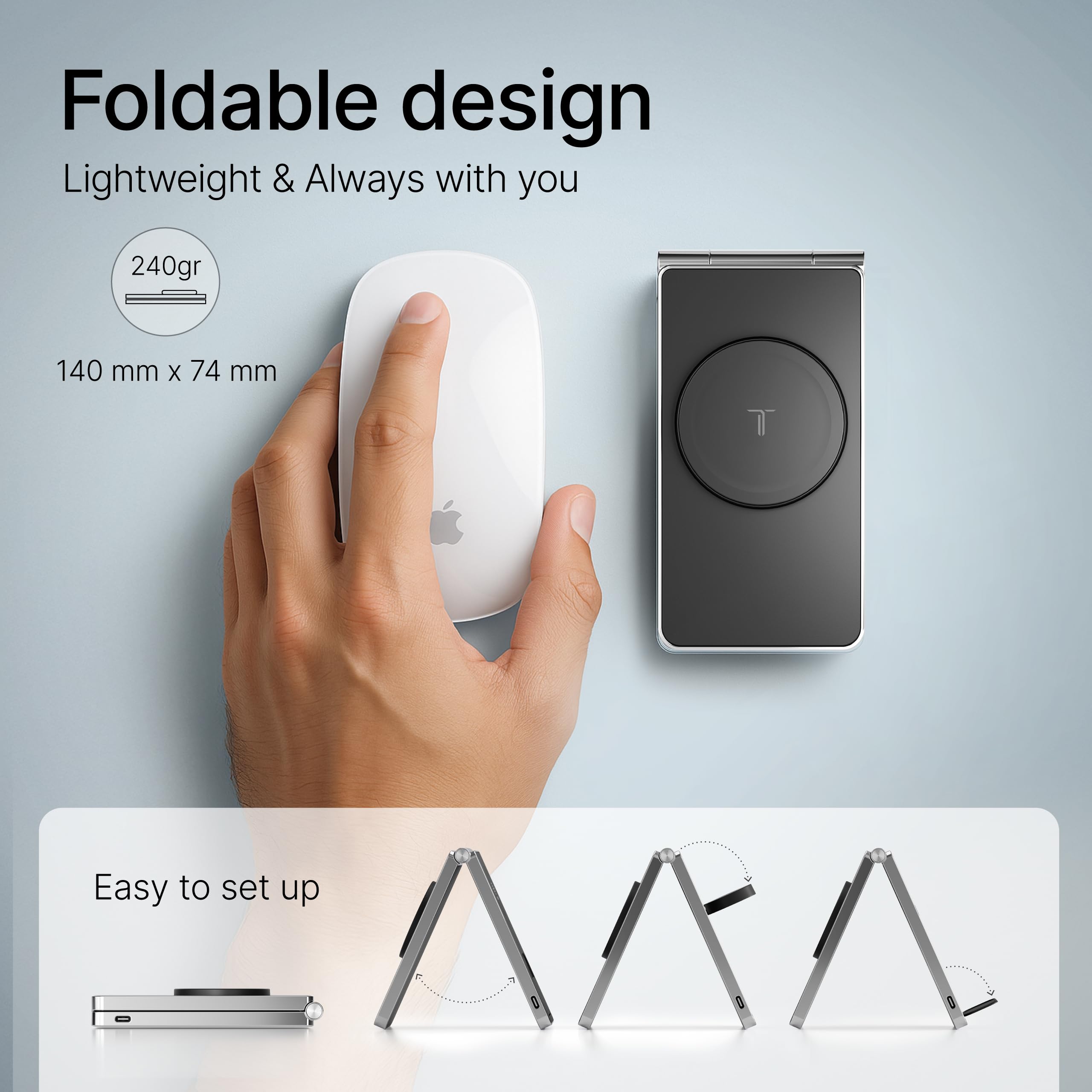 Base de Carga inalámbrica 3 en 1 para iPhone, Apple Watch y AirPods, Plegable de Aluminio, 15W, con Adaptador USB-C de 20W y Cable, compacta y Antideslizante