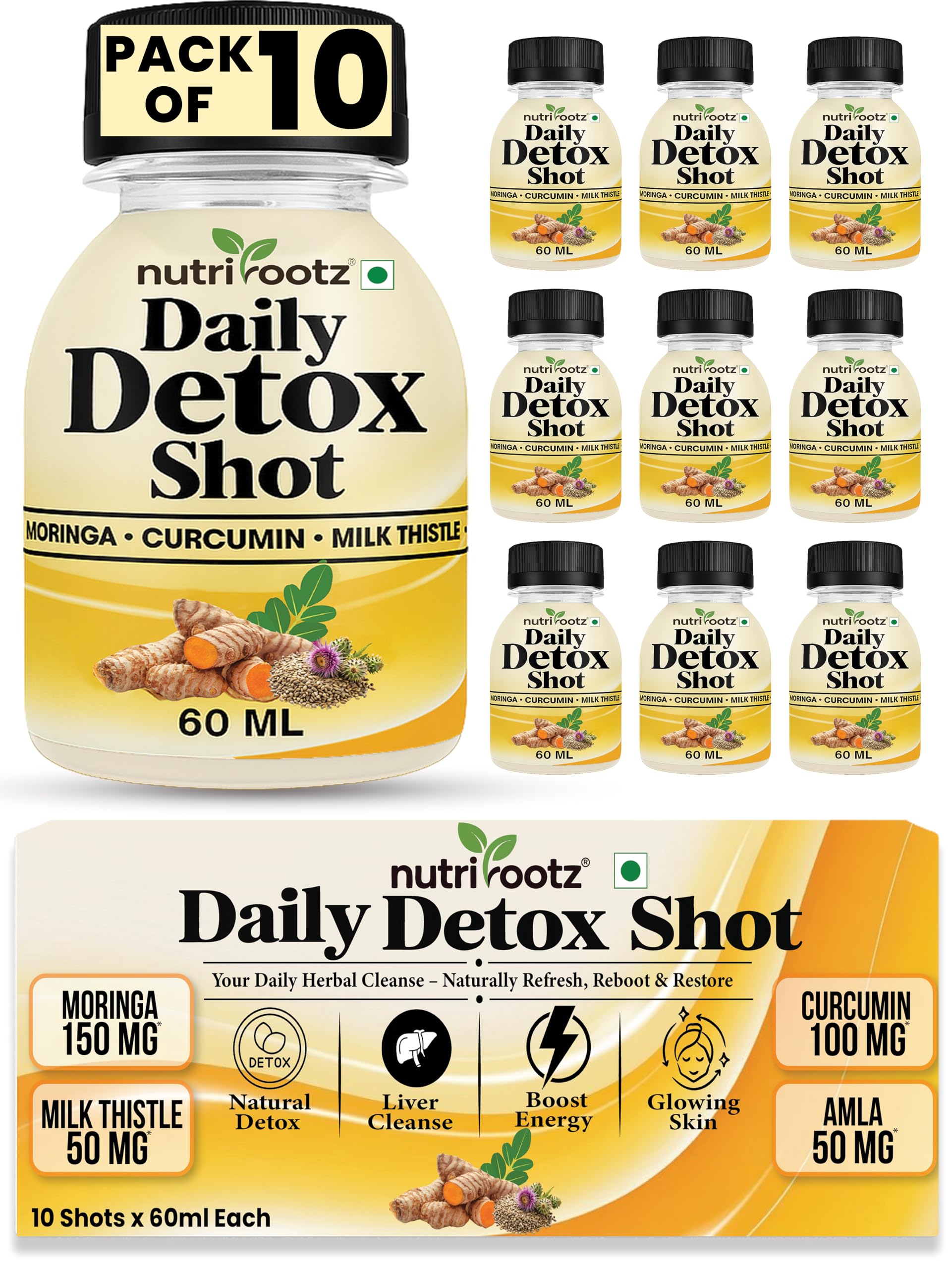 NUTRIROOTZ DAILY DETOX SHOTS 60ML (Pack of 10) | Natural Detox Drink with Milk Thistle, Moringa, Curcumin & Bhui Amla | Liver Detox, Immunity Booster & Digestion | Body Detox Supplement | Herbal Detox