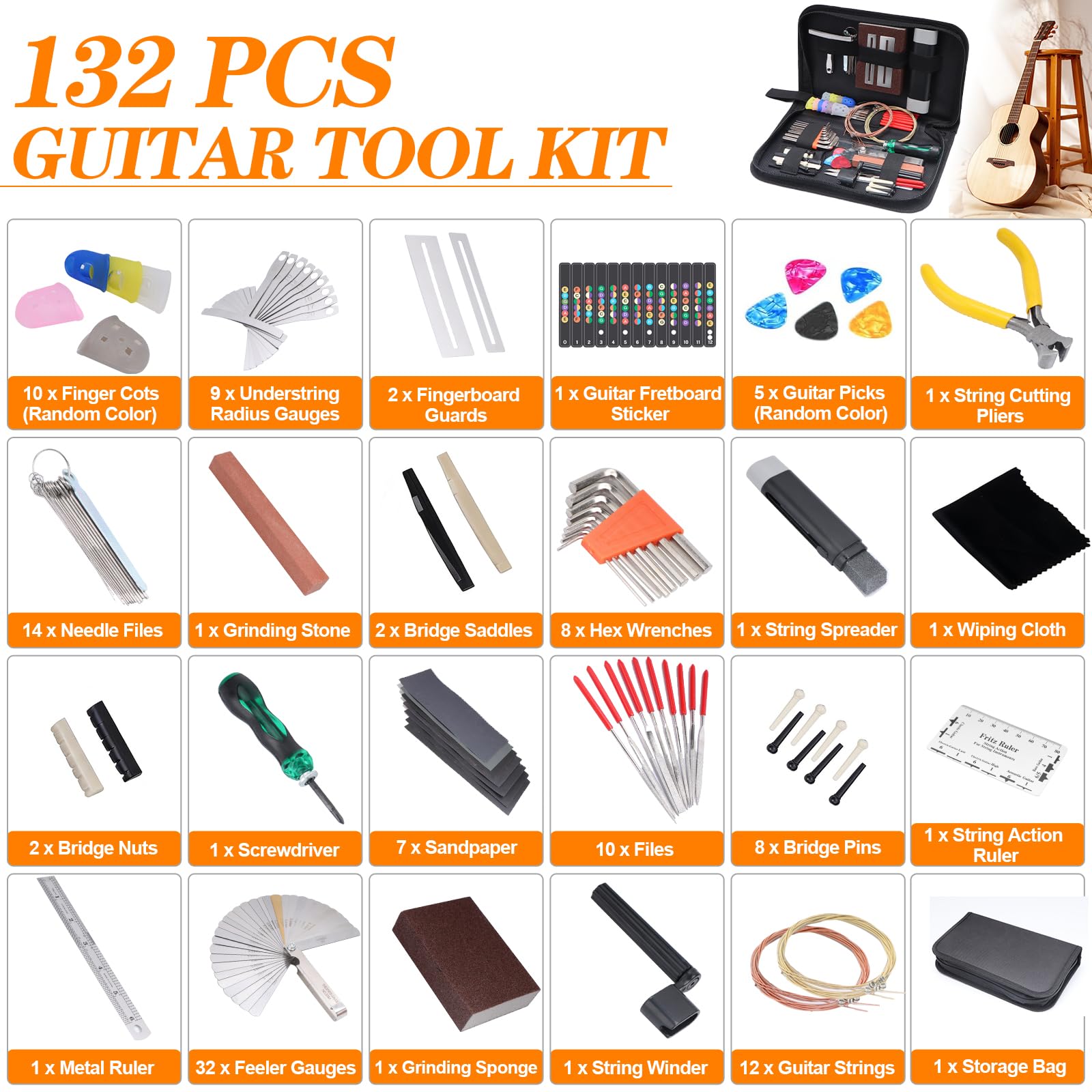Kit de 132 outils d'entretien de guitare, kit d'outils de réparation de guitare avec sac de transport, accessoires de nettoyage pour ukulélé, basse, mandoline, banjo, cadeau parfait pour les amateurs