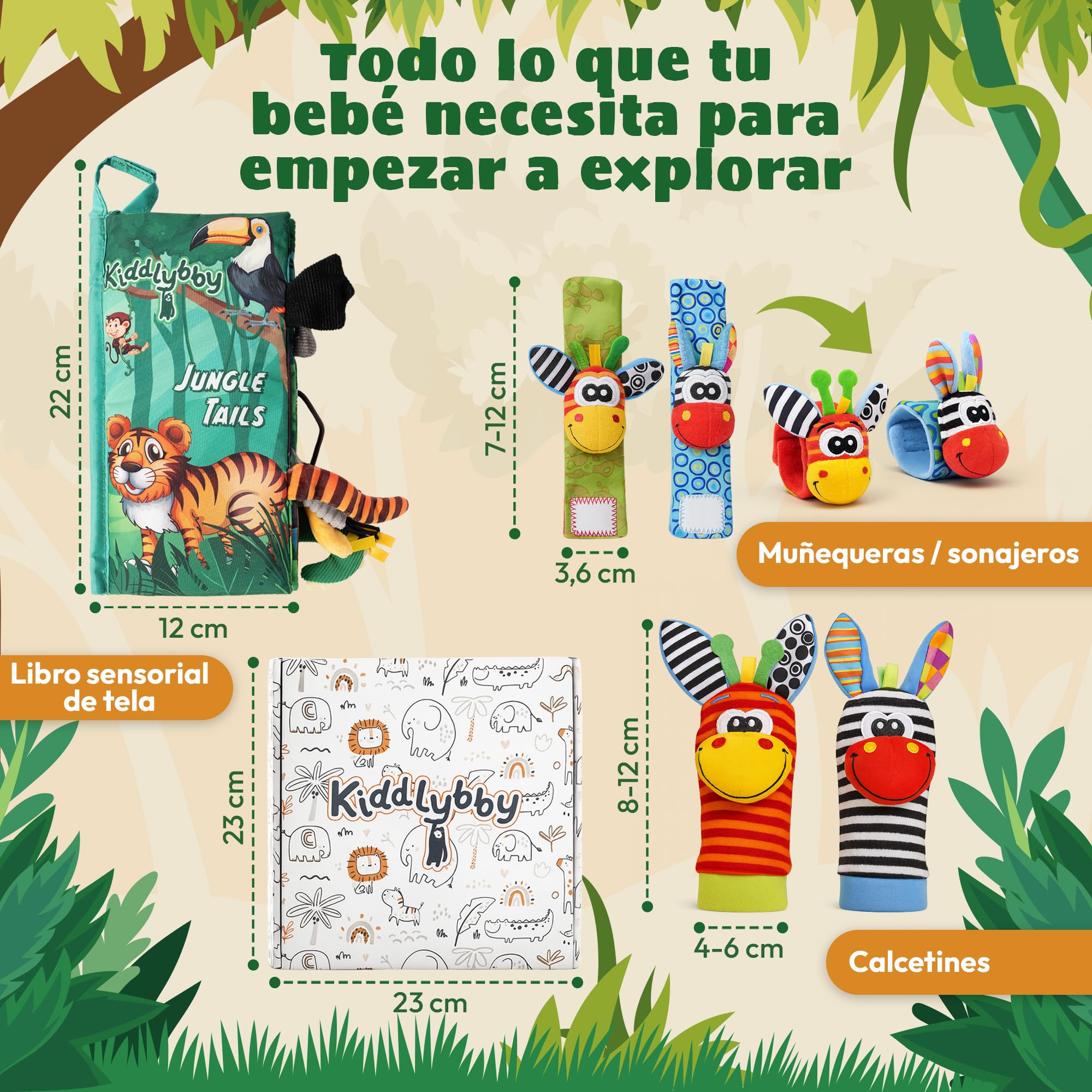 Set Sensorial Premium para Bebés 0-12 Meses: Libro de Tela Interactivo Jungle Tails + Calcetines y Muñequeras con Sonajeros | Estimulación Temprana Multisensorial | Regalo Educativo