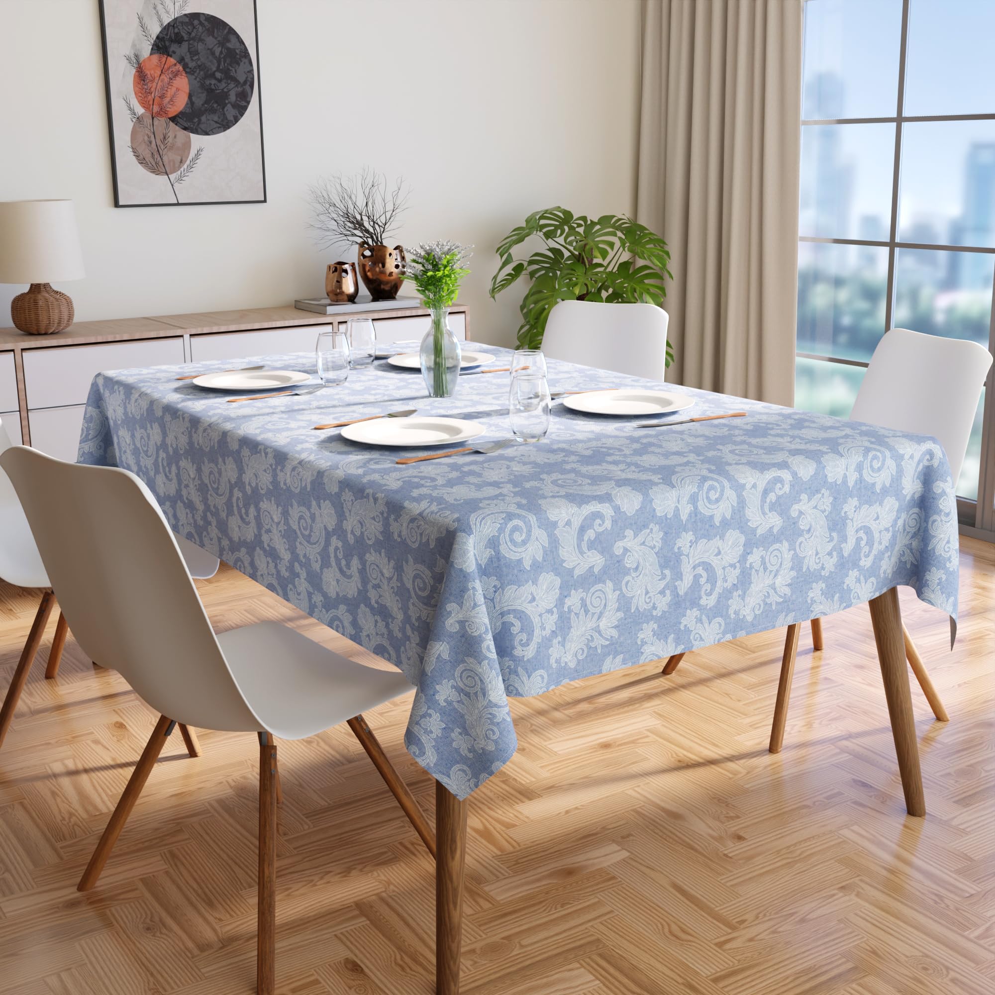 Encasa XO 4 to 6 Seater Dining Table Cloth 145x180 cm (57x72 in) I Floral Blue Jacquard Style Print on Chambray Homespun Cotton I for Family Gatherings Parties I Washable - Image 2