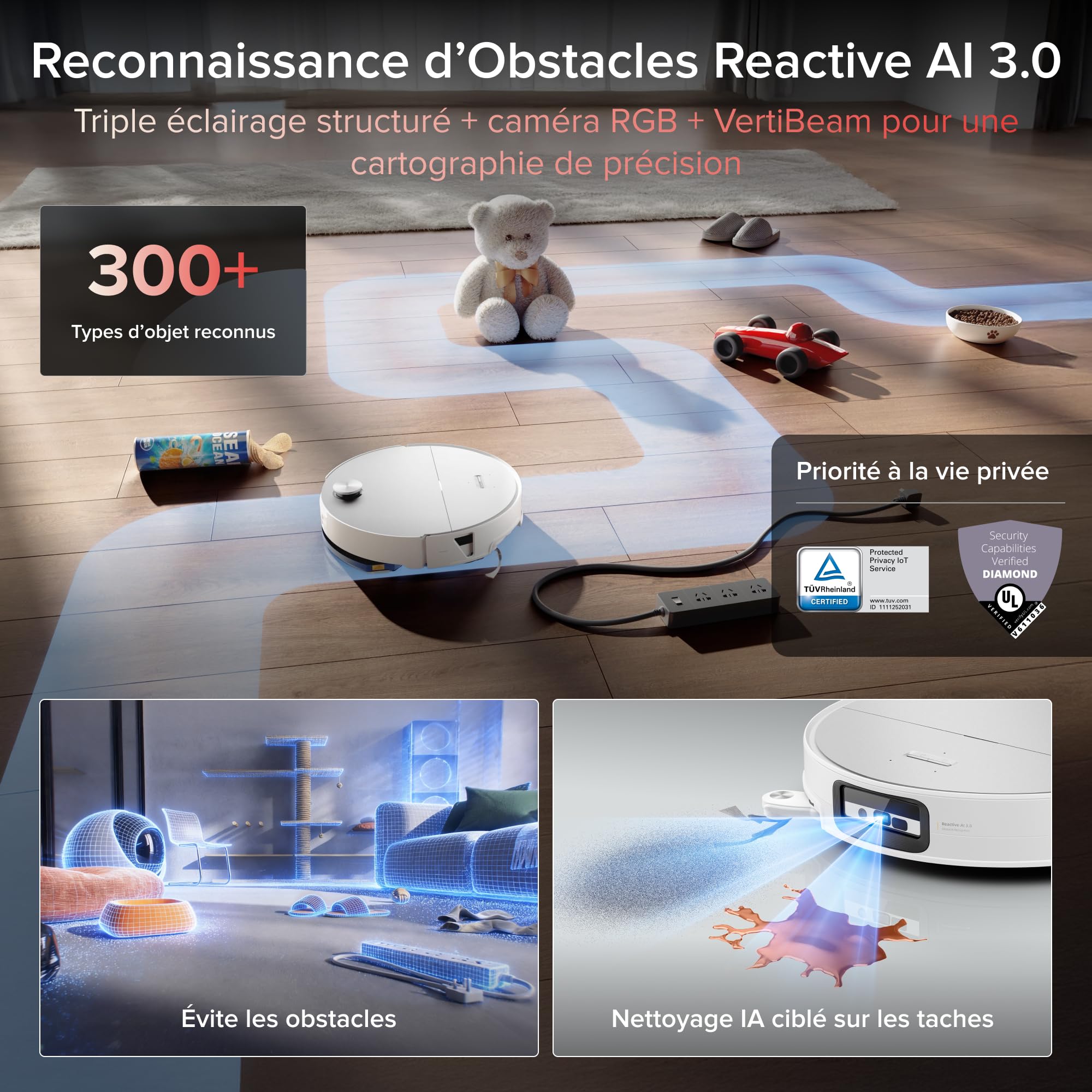 roborock Saros 20 Sonic Aspirateur Robot Laveur avec 36.000 Pa, Lavage de Serpillière VibraRise 5.0, Évite 300+ Obstacles, Doubles Anti-Enchevêtrement, 7,95 cm Mince, Nouvelle Station RockDock, Blanc