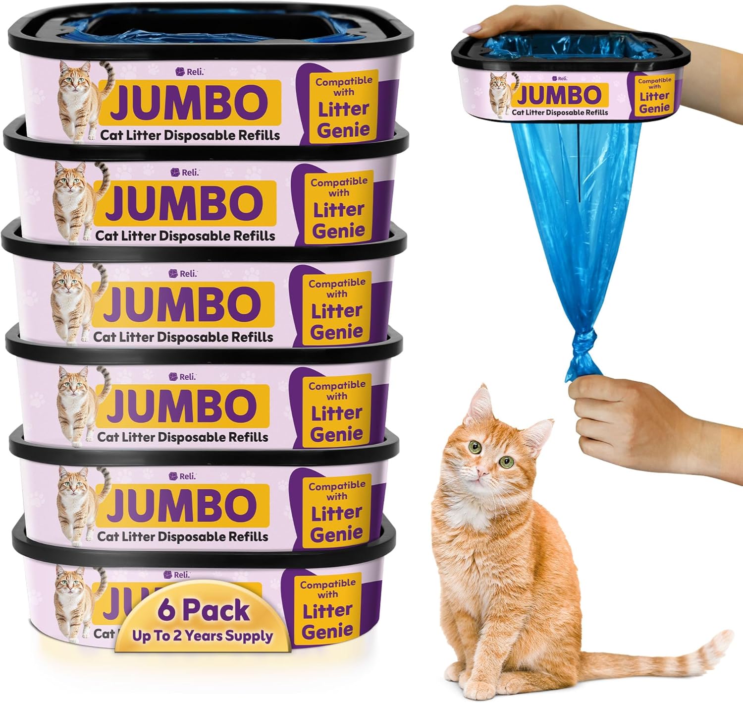 Reli. Jumbo Cat Litter Refill Bags (6 Pack) | Compatible with Litter Genie Refill Bags Standard, Plus, and XL Pails | Up to 2 Year Supply | 7-Layer Odor Blocking, Tear-Resistant | 180 Feet Total