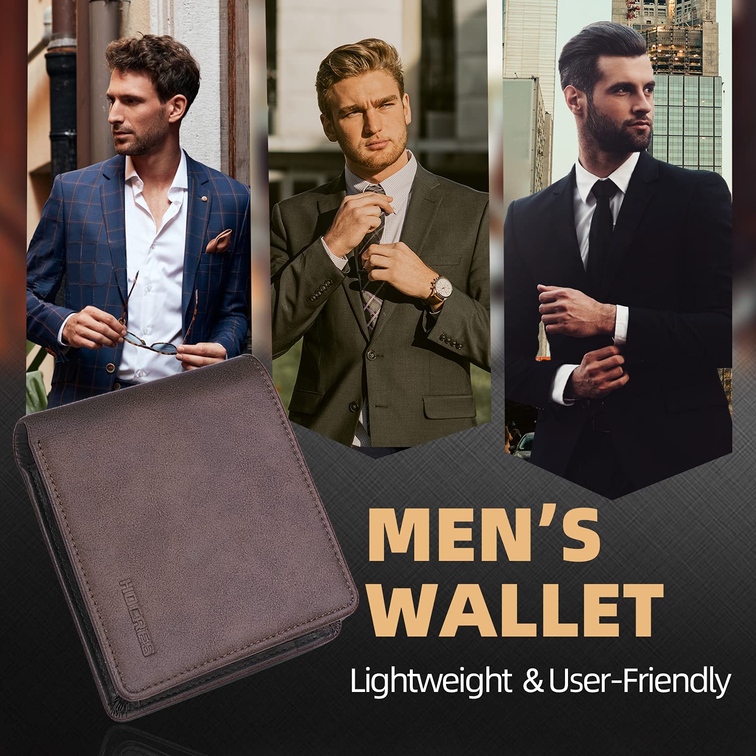 HOCRES Wallets Mens Leather RFID Blocking Slim Wallet with 10 Credit