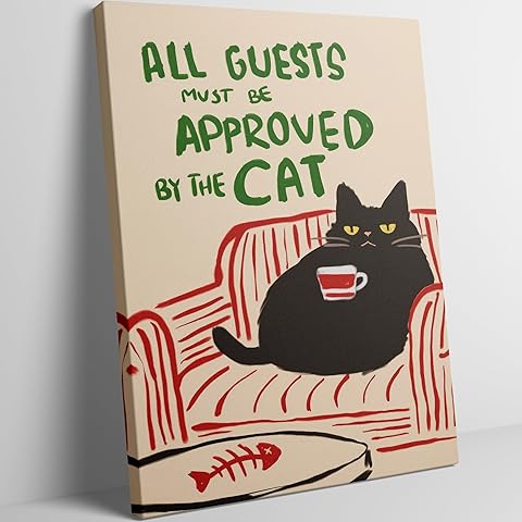 Funny Black Cat With Coffee Wall Art All Guests Must Be Approved By The Cat Quote Painting Picture Wall Decor Retro Animal Cats Poster Print Artwork for Bedroom Living Room Home Decoration