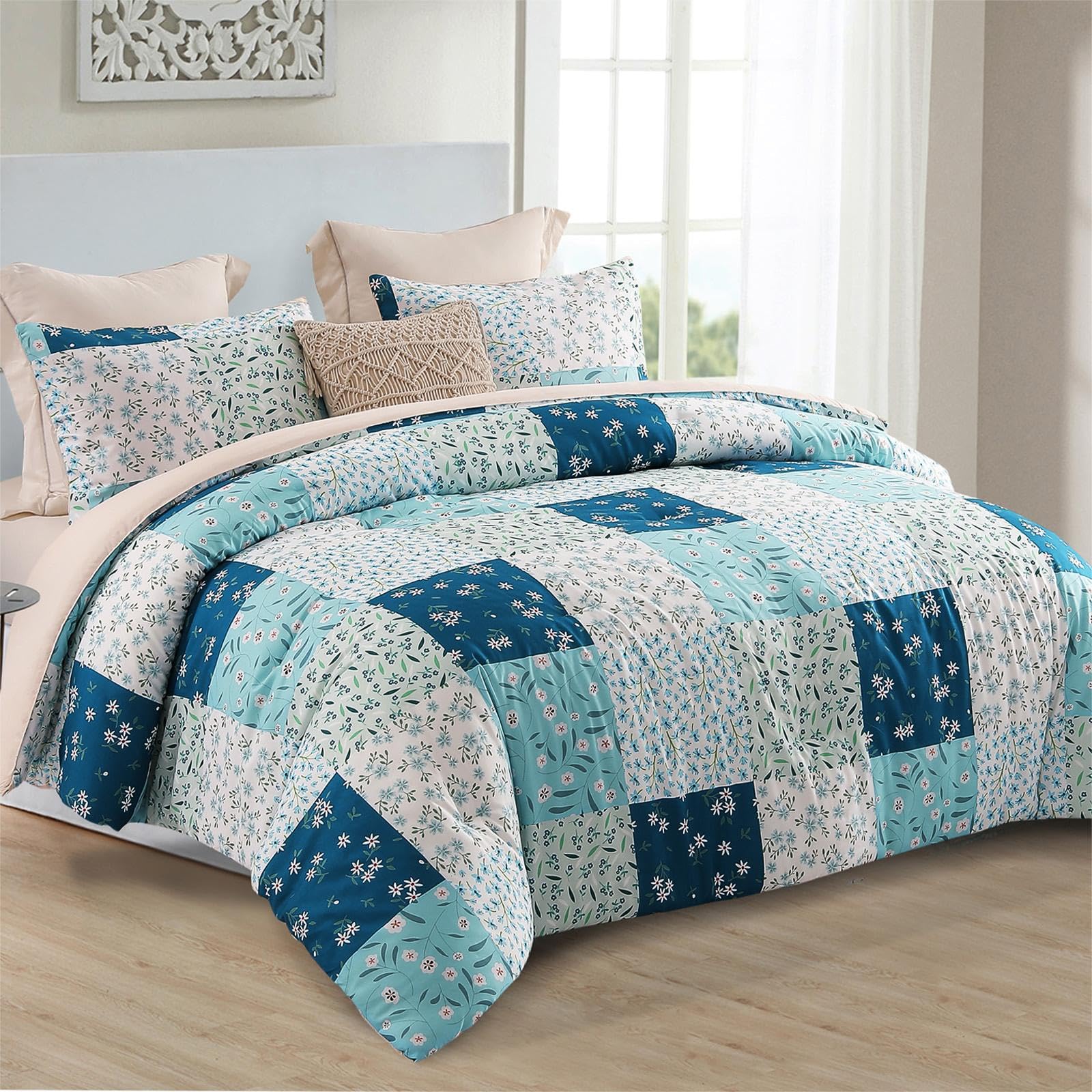 Whale Flotilla 3-Piece King Comforter Set, Soft Reversible Bedding Comforter Sets, Patchwork Printed Down Alternative Comforter Duvet for All Seasons, Blue