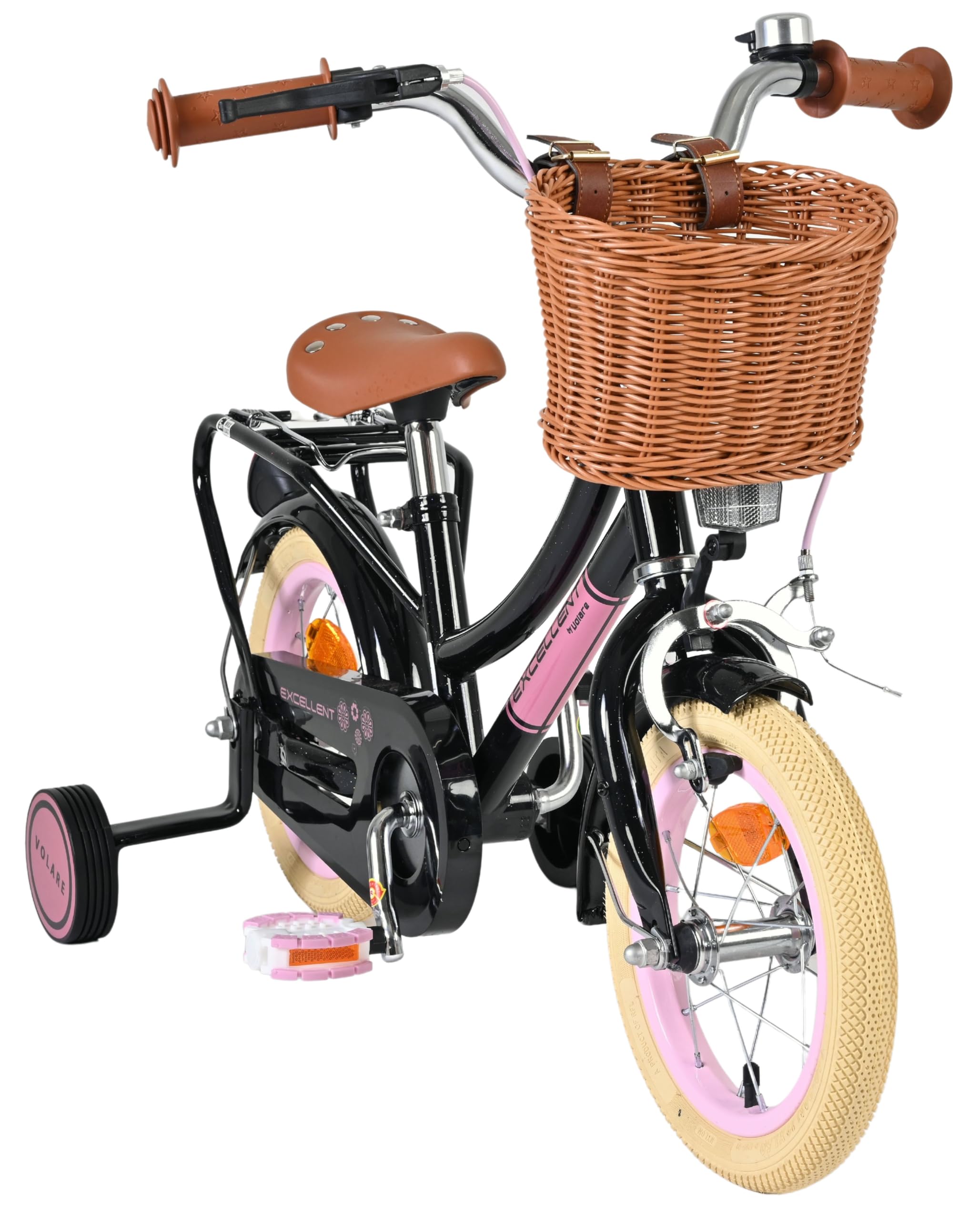 Volare Excellent Fahrrad | 3–5 Jahre | Hand- & Rücktrittbremse, Stützräder, Kettenschutz, Reflektoren & Korb | Höhenverstellbarer Sattel | Geschenk für Mädchen