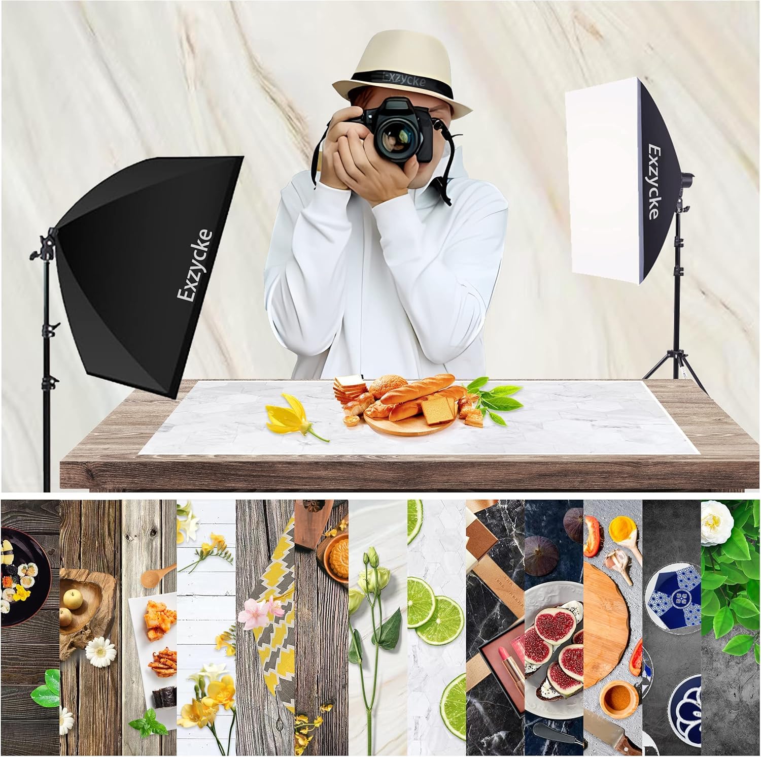 Lot de 8 Toiles de Fond pour Photographie avec Support, 16 Motifs, 86,4 x 58,4 cm, Double Face