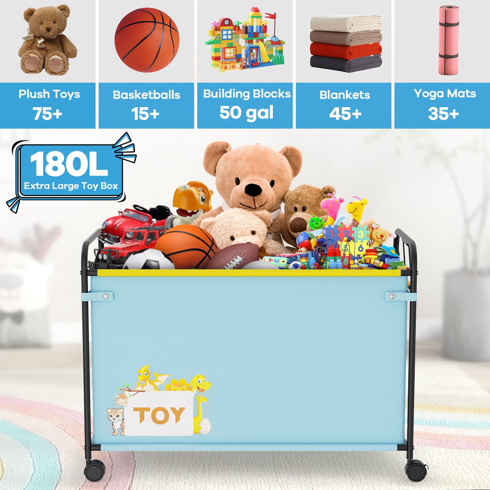 Large Toy Box 2PCS 180L Kids With Wheels, Metal Oxford Cloth Big