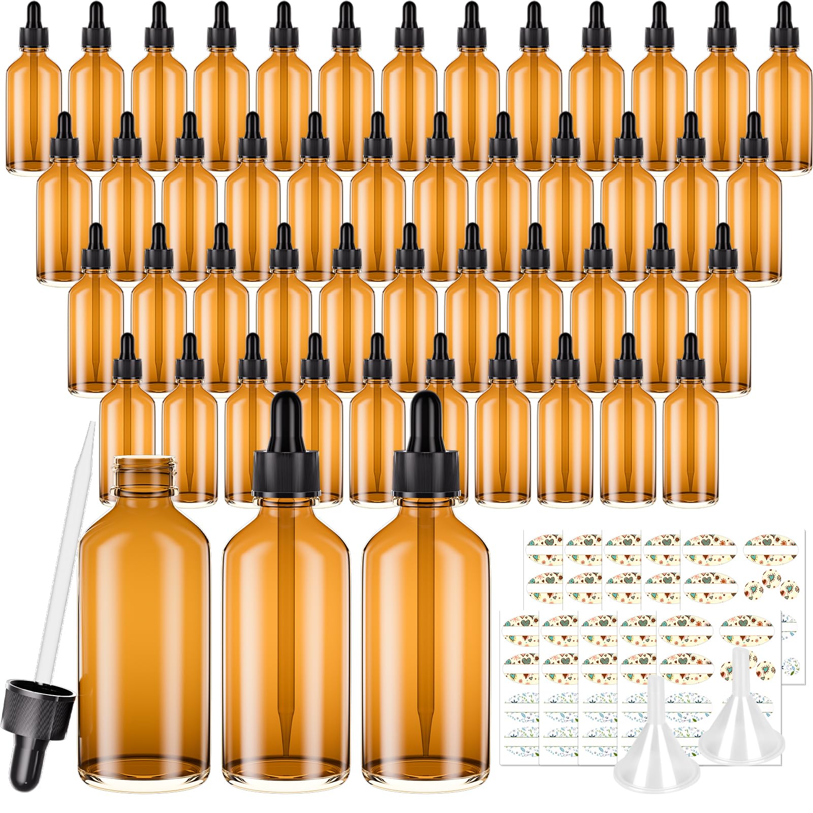 CycleMore1oz Amber Glass Dropper Bottles 48 Pack Tincture Bottles with Eye Droppers, Two Plastic Funnels and Labels Glass Essiential Oil Bottle for Chemistry Lab Chemicals, Perfumes & More Liquids