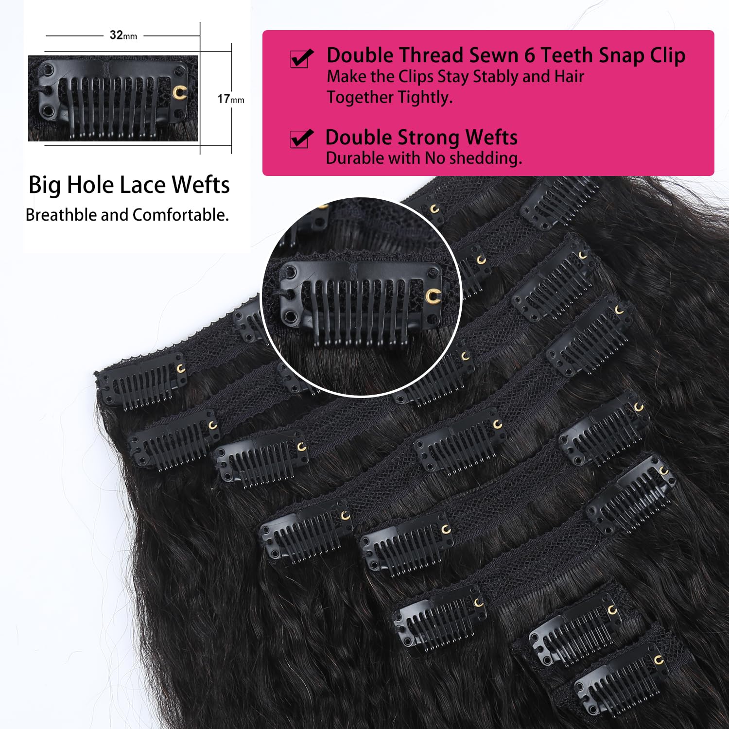 Clip in Hair Extensions Real Human Hair Kinky Straight Human Hair Extensions for Women 20 Inch 8Pcs Clip ins Brazilian Virgin Human Hair Pieces 120g 20 Clips Natural Black - Image 3