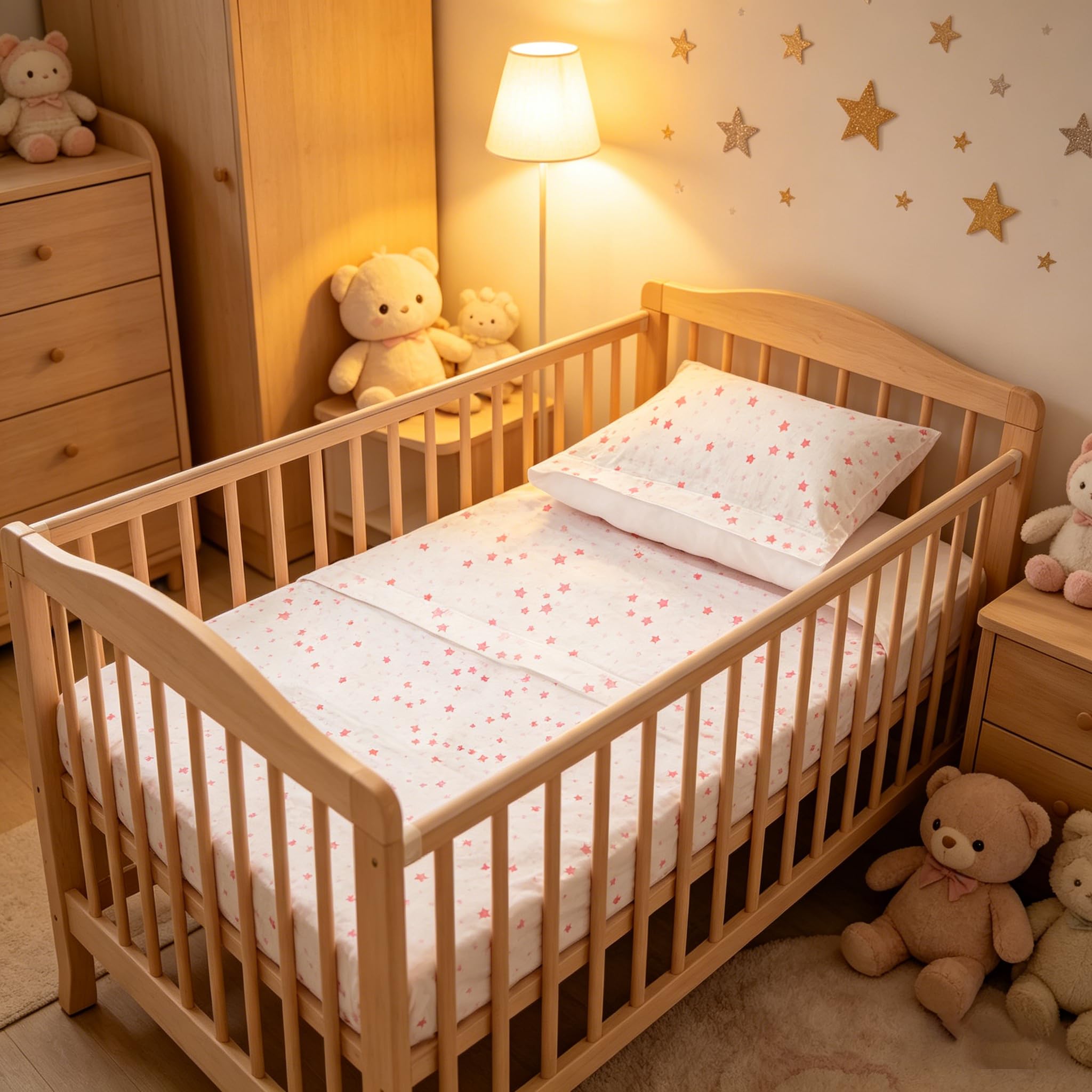 various Juego de Sábanas para Cuna Bebé 60x120 cm, 100% Algodón Extra Suave, Incluye Bajera Ajustable, Encimera y Funda de Almohada, Ropa de Cama Infantil Transpirable Estampado Luna Rosa/Blanco