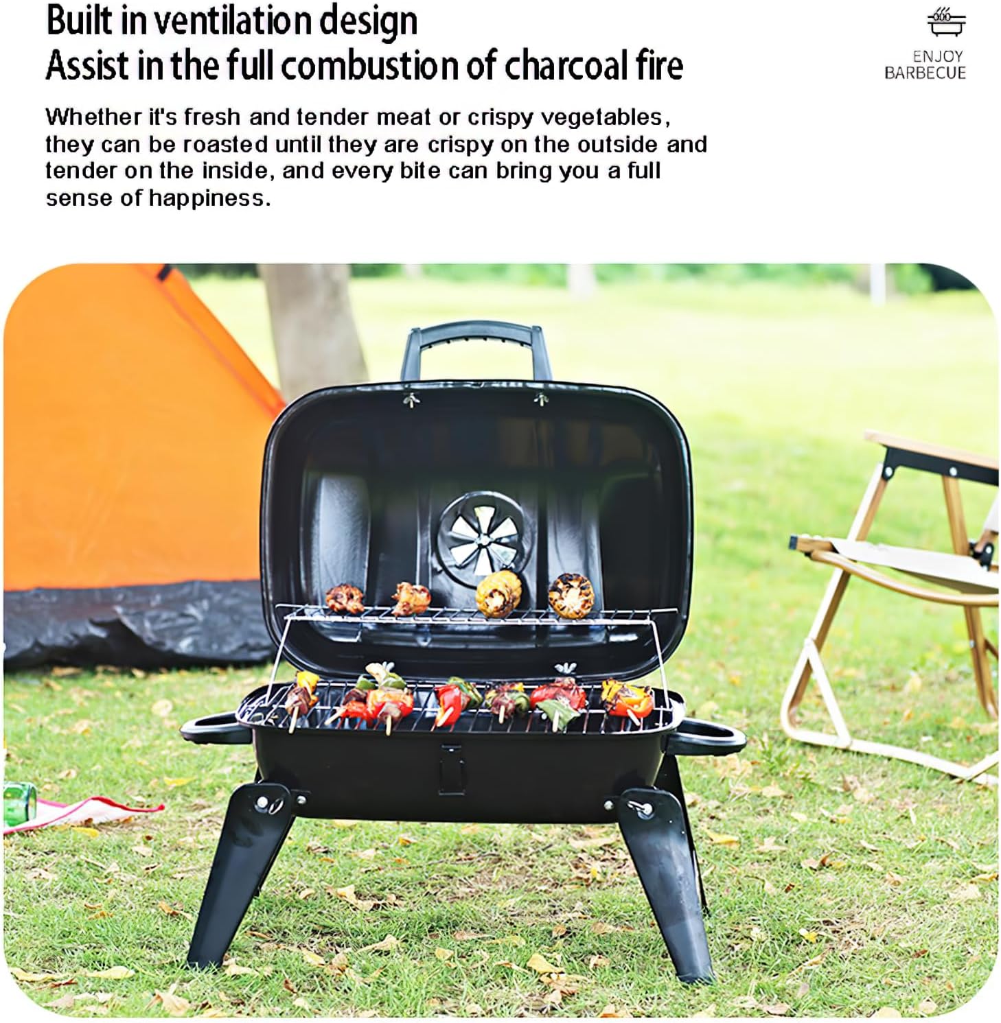 Portable Charcoal Grill, Folding BBQ Grill with Double Barbecue Method, Black Outdoor Camping Grill with Built-in Ventilation, Smokehouse Function