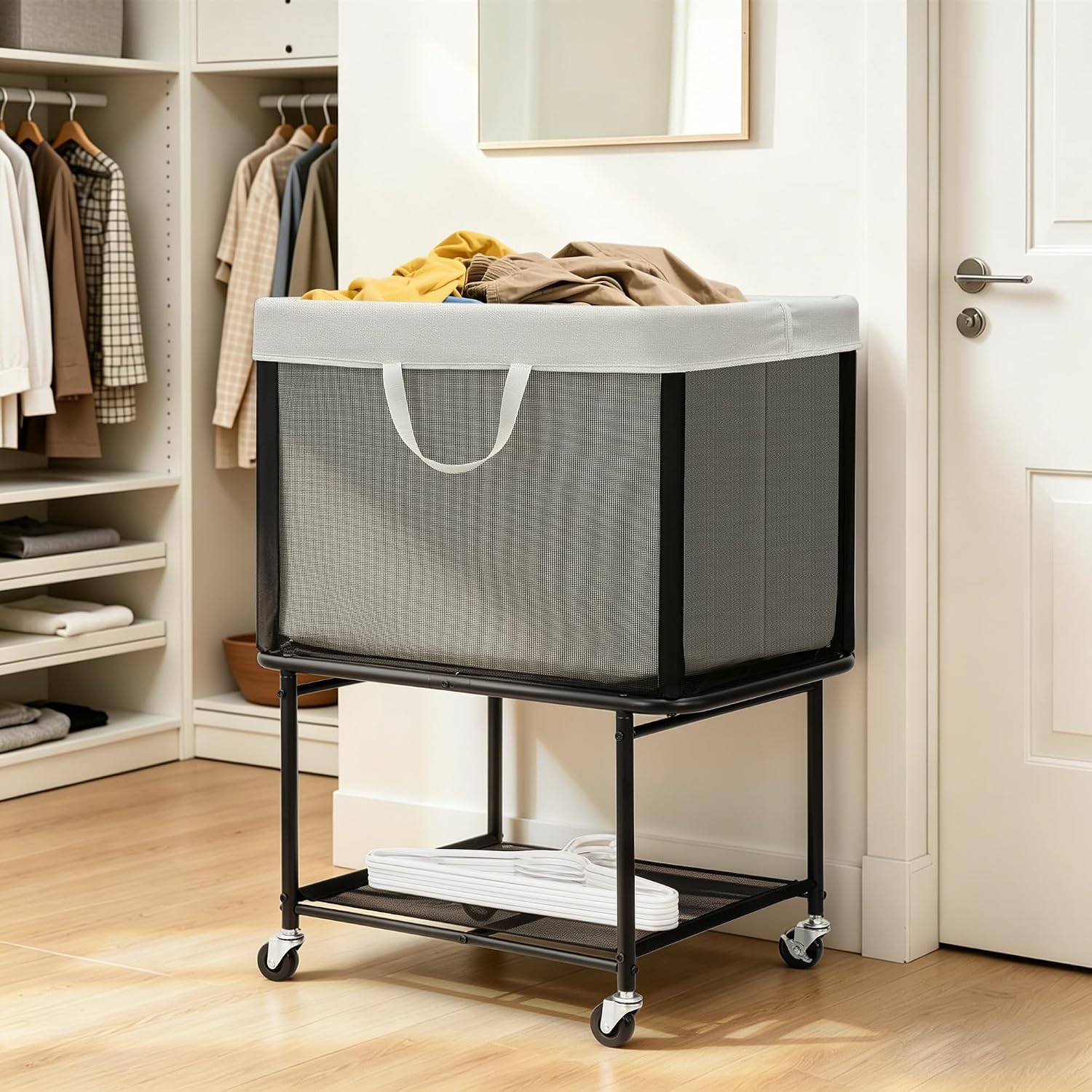 STO STO Rolling Laundry Hamper with Lockable Wheels, 29-Gallon (110L) Laundry Cart with Removable Canvas Bag, 2-Tier Clothes Basket Hamper with Shelf for Closet, Bedroom, Bathroom, Laundry Room, Gray