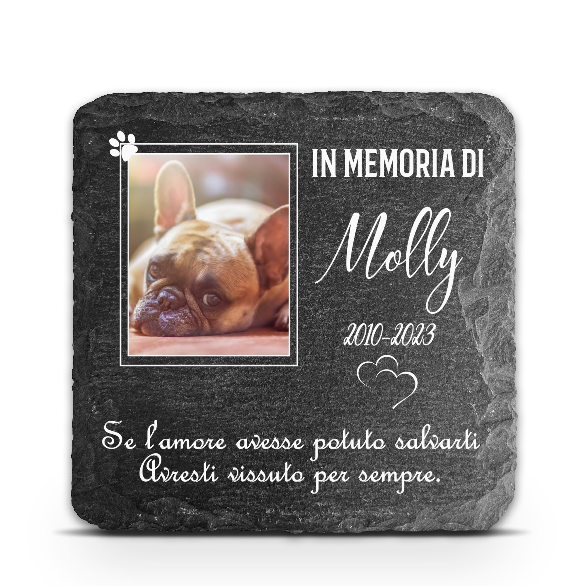 Targa commemorativa Personalizzata Grigio Scuro per Animale Domestico marcatore tombale in Pietra d'ardesia - Dimensioni 10x10 cm - Cornice Bianca Foto