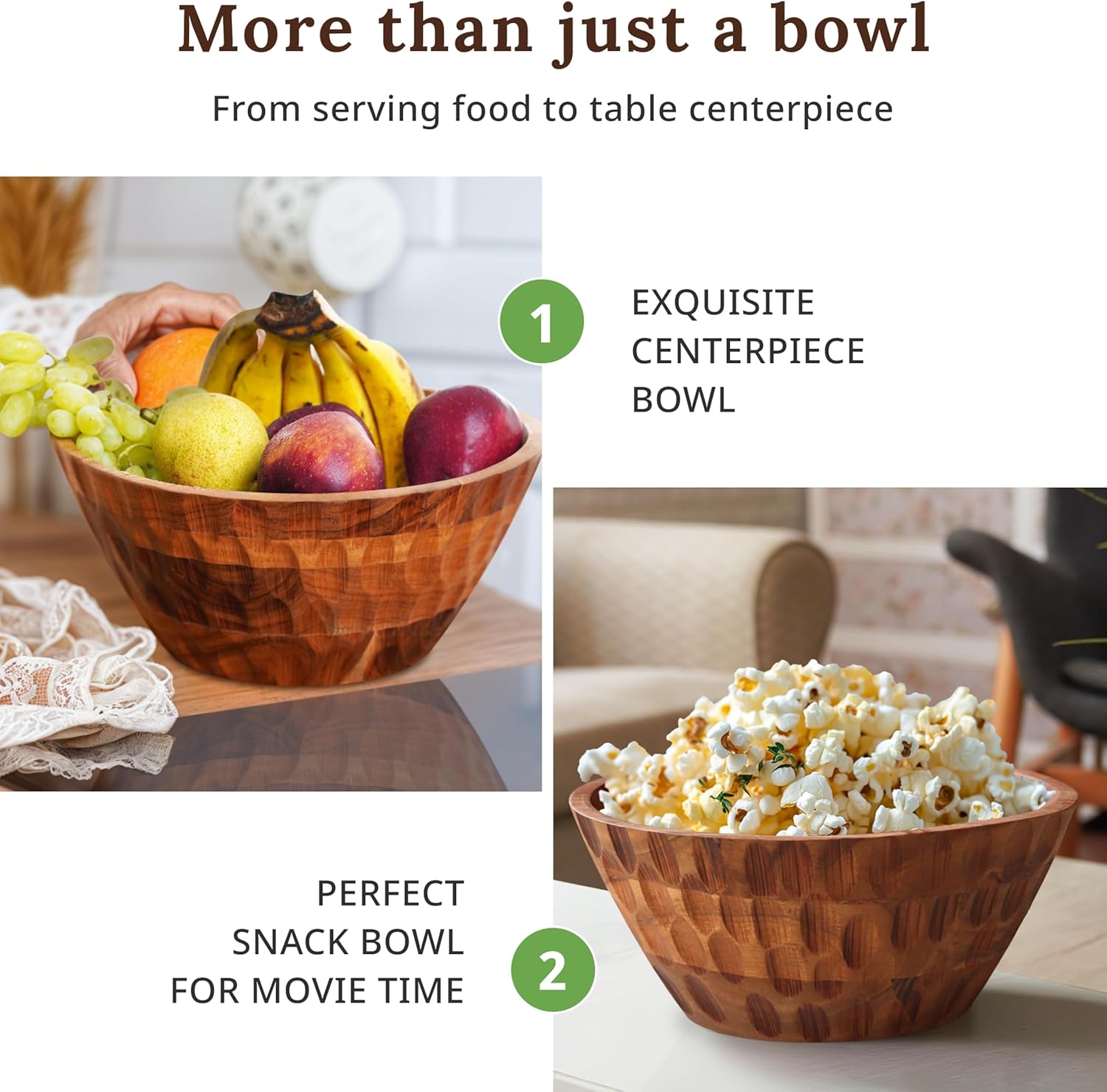 Wooden Salad Bowl set - with Serving Utensils — 11" Large Acacia Wood Bowls For Food, Fruit | Mixing Pasta — Easy To Clean — For Hosting, Kitchen Decor, Gifts — With Placemat