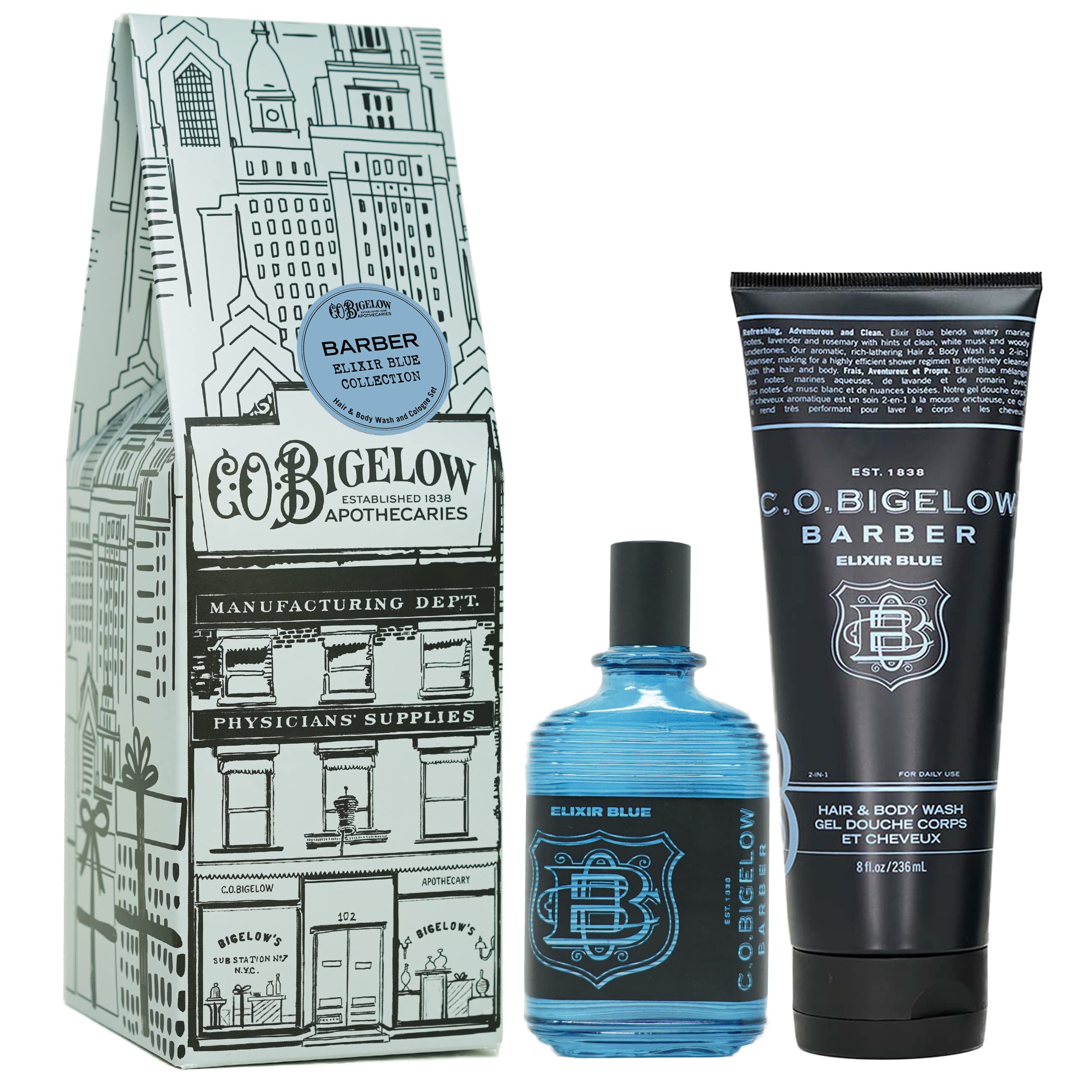 C.O. Bigelow Elixir Blue Apothecary Duo Men's Gift Set, Includes Hair & Body Wash + Men's Cologne, Self Care Gifts for Men