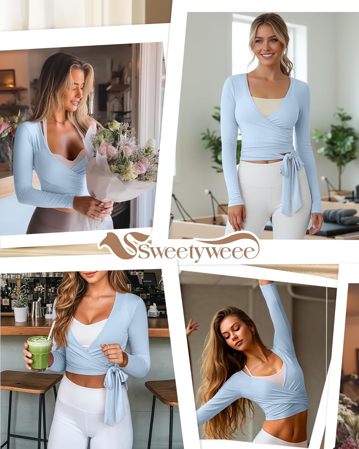 Women Wrap Tie Tops Lightweight Slim Fit Ballet Pilates Yoga Workout Active Shirts Long Sleeve V Neck Casual Tees - Image 3