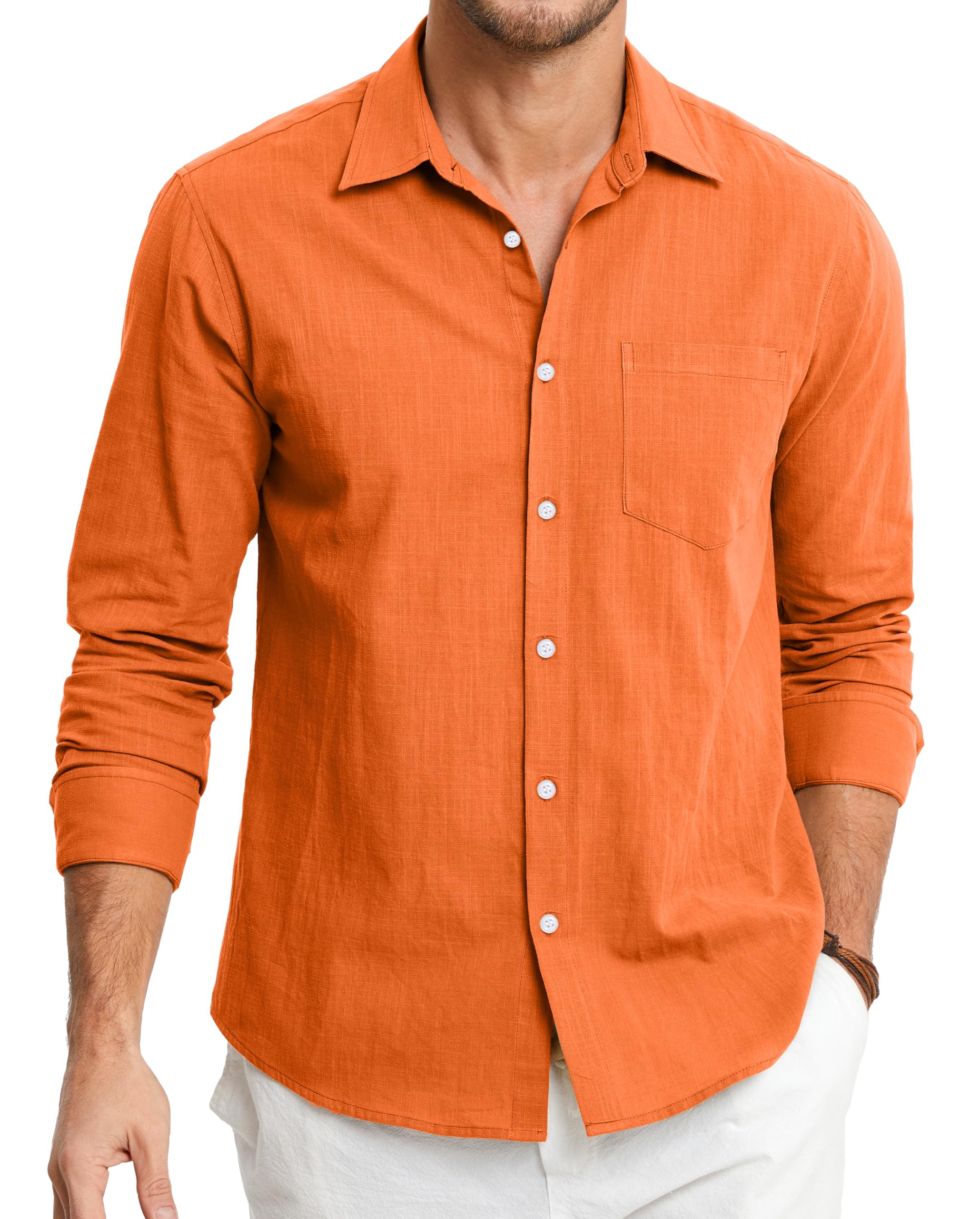 HISDERN Camisas de Lino y Algodón para Hombre Manga Larga Ligeras Verano Lino Camisa de Ajuste Regular Abotonadas Casual Shirt con Bolsillo
