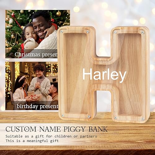 Miniatura 4 de Alcancía de madera personalizada con 26 letras del alfabeto inglés, caja de almacenamiento de dinero con nombre grabado, regalo de ahorro para
