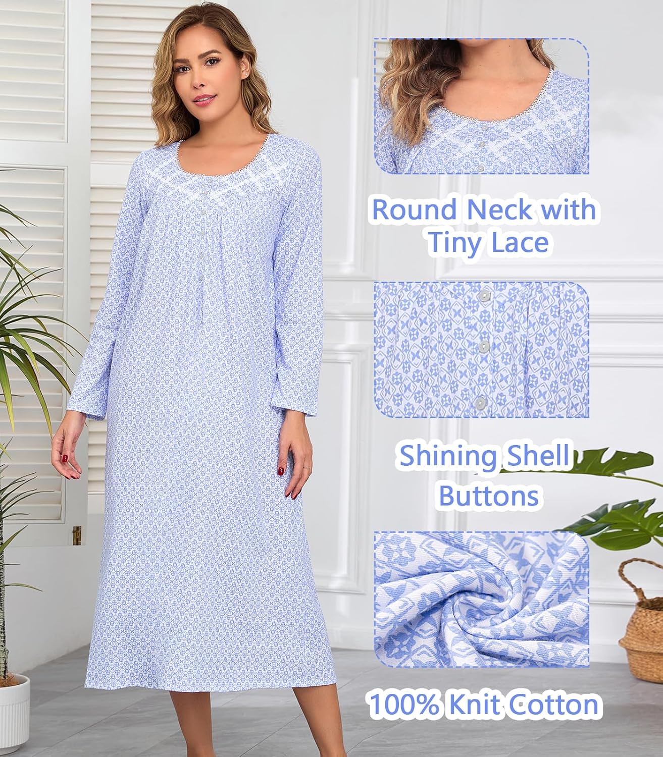 ロングコットン ナイトガウン 女性用 綿100% ナイトガウン 長袖 レディース ナイトガウン 寝間着 ヴィンテージ スリープドレス