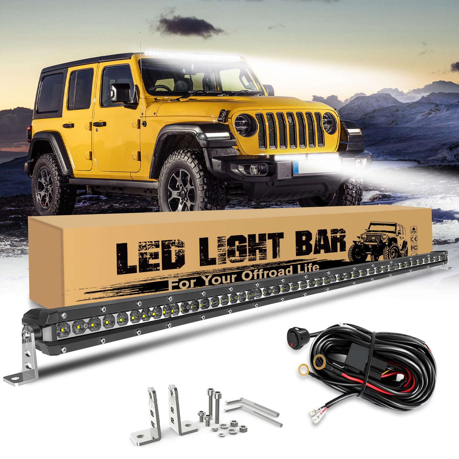 COLIGHT LED Light Bar Slim LED bar 32 inch Single Row Light Bar for ATV UTV Truck Tractor Off Road Driving Light Flood Beam with Wiring Harness Marine Behind Grille IP68