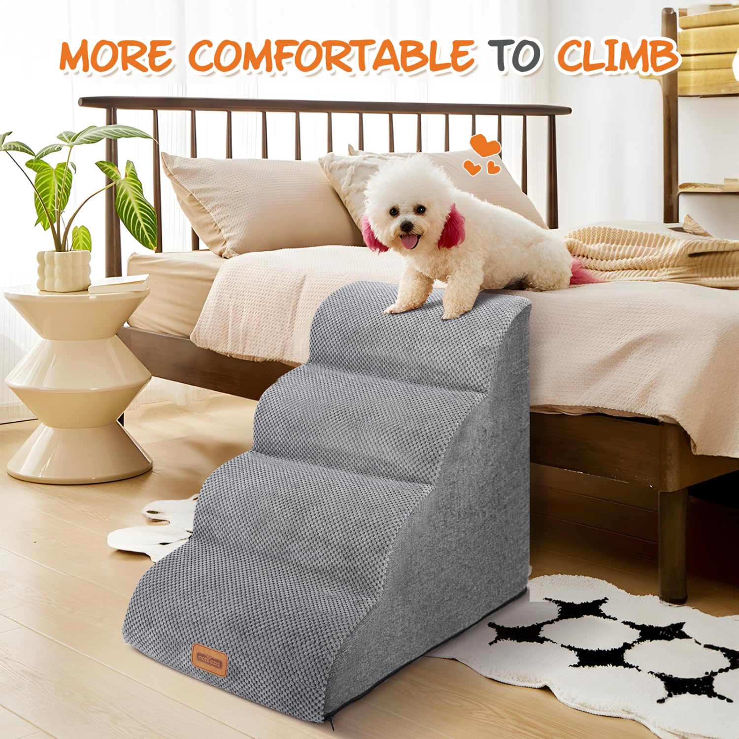 Nobleza Escalera para Perros, Escaleras Rampa para Perros Mascotas de Espuma de 4 Escalones con Rodillo para Pelusa, Escalera para Cama de Perros Pequeños Perros y Gatos Subir a la Cama