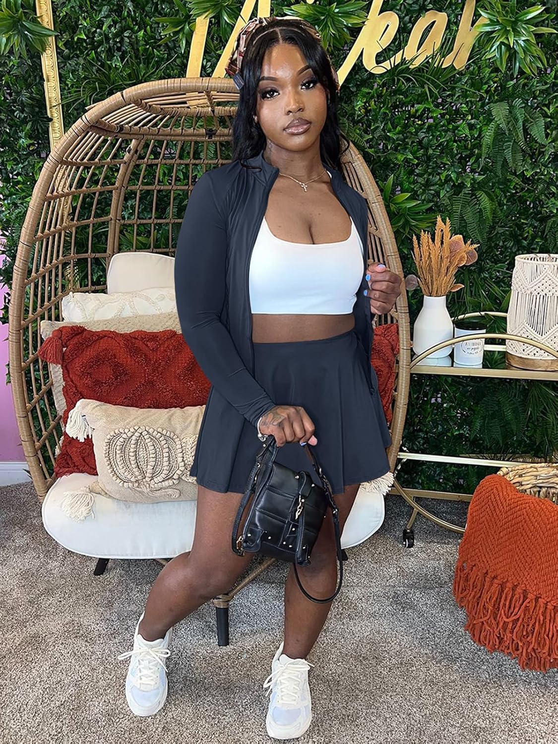 Women 2 Piece Outfits Tracksuit Sets Long Sleeve Zipper Jacket Crop Top and Mini Skirt Skort Set Casual Workout Sweatsuits - Image 3