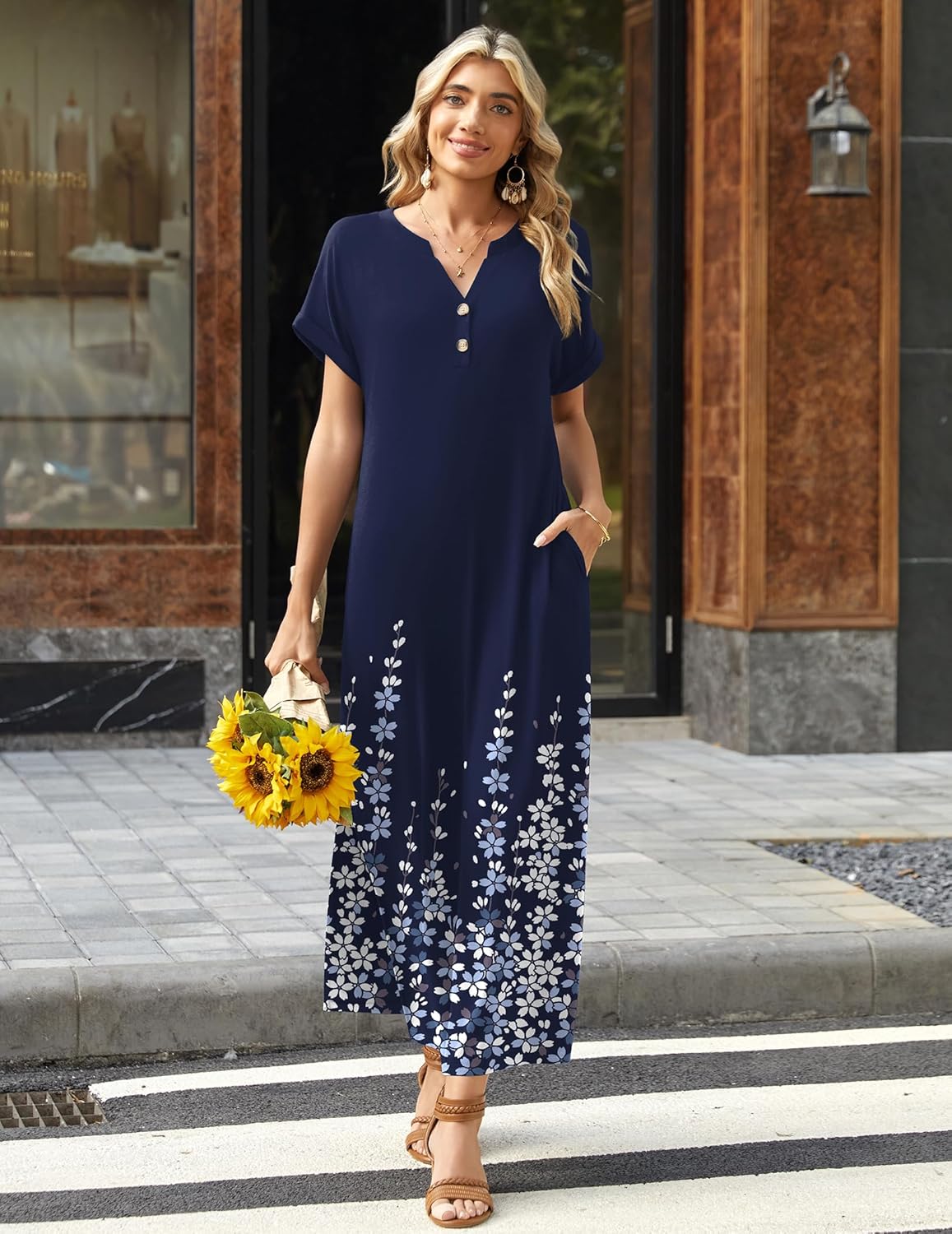 Zeagoo Summer Dresses for Women 2026 Maxi Dresses Vacation Sundress Short Sleeve Casual Sundresses Split Dress with Pockets - Image 4