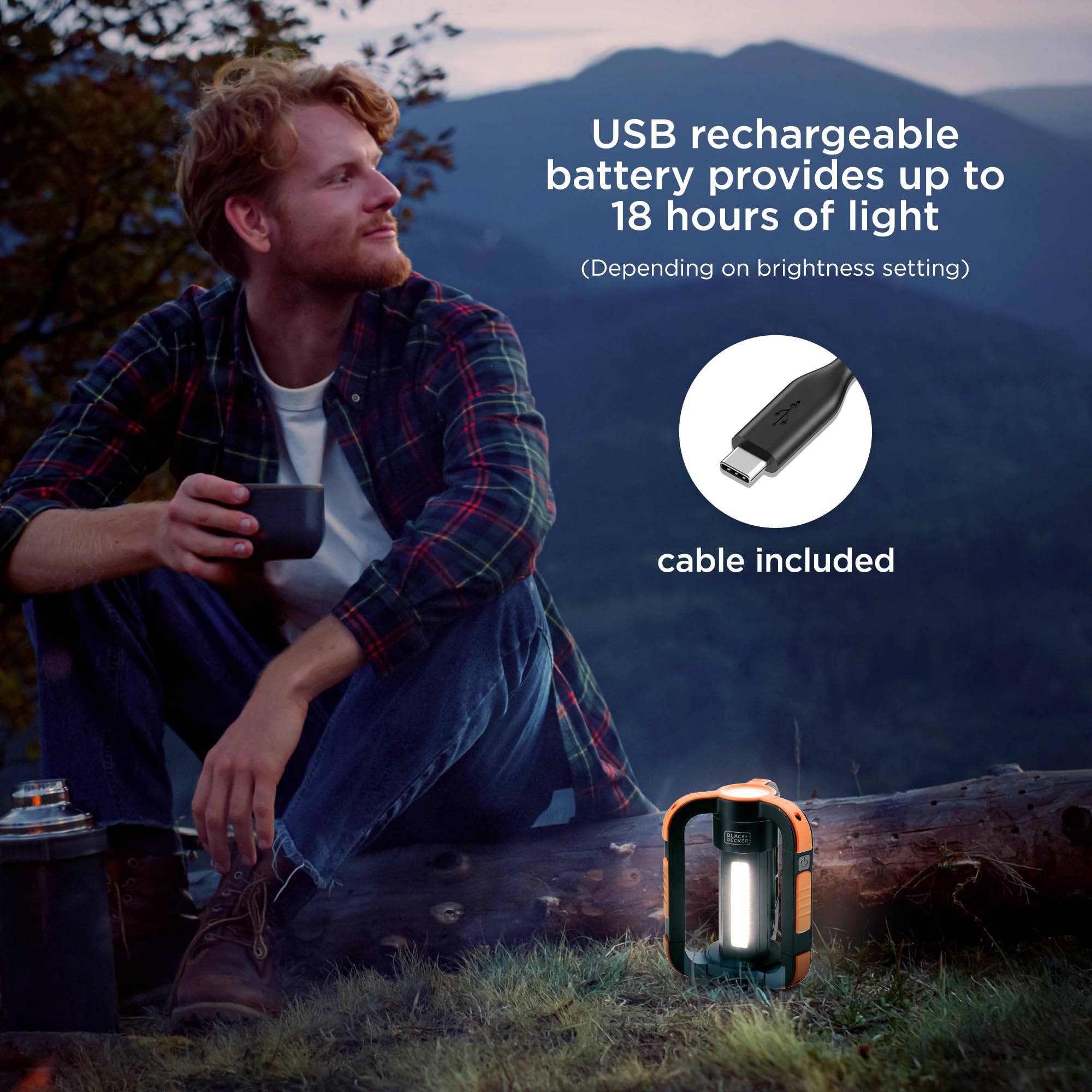 BLACK+DECKER Linterna LED recargable y linterna de 360°, luz impermeable IP65 de 1000 lúmenes, 8 modos, modo SOS de emergencia, banco de energía USB-A, luz de 18 horas, clip de mosquetón, magnético