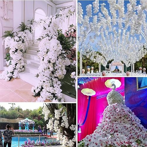 Miniatura 3 de HinyoCo 5 flores artificiales de orquídea y 2 paquetes de hojas, color blanco con manchas, flores artificiales de Phalaenopsis de 28 pulgadas para