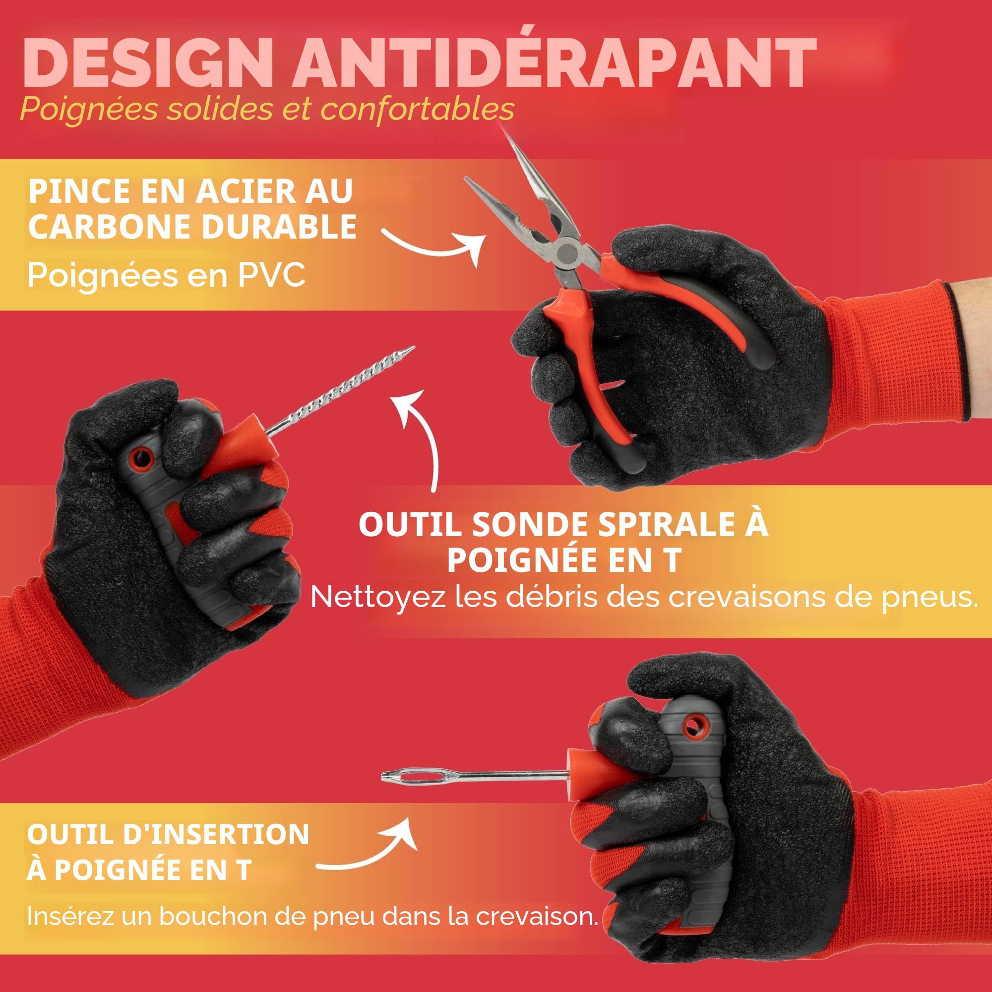GADLANE Kit de réparation de pneus sans chambre à air – Kit de réparation de pneu plat de 7 pièces pour voiture, moto, camion, VTT, Jeep, tracteur et plus – Kit de réparation de crevaison de pneu de