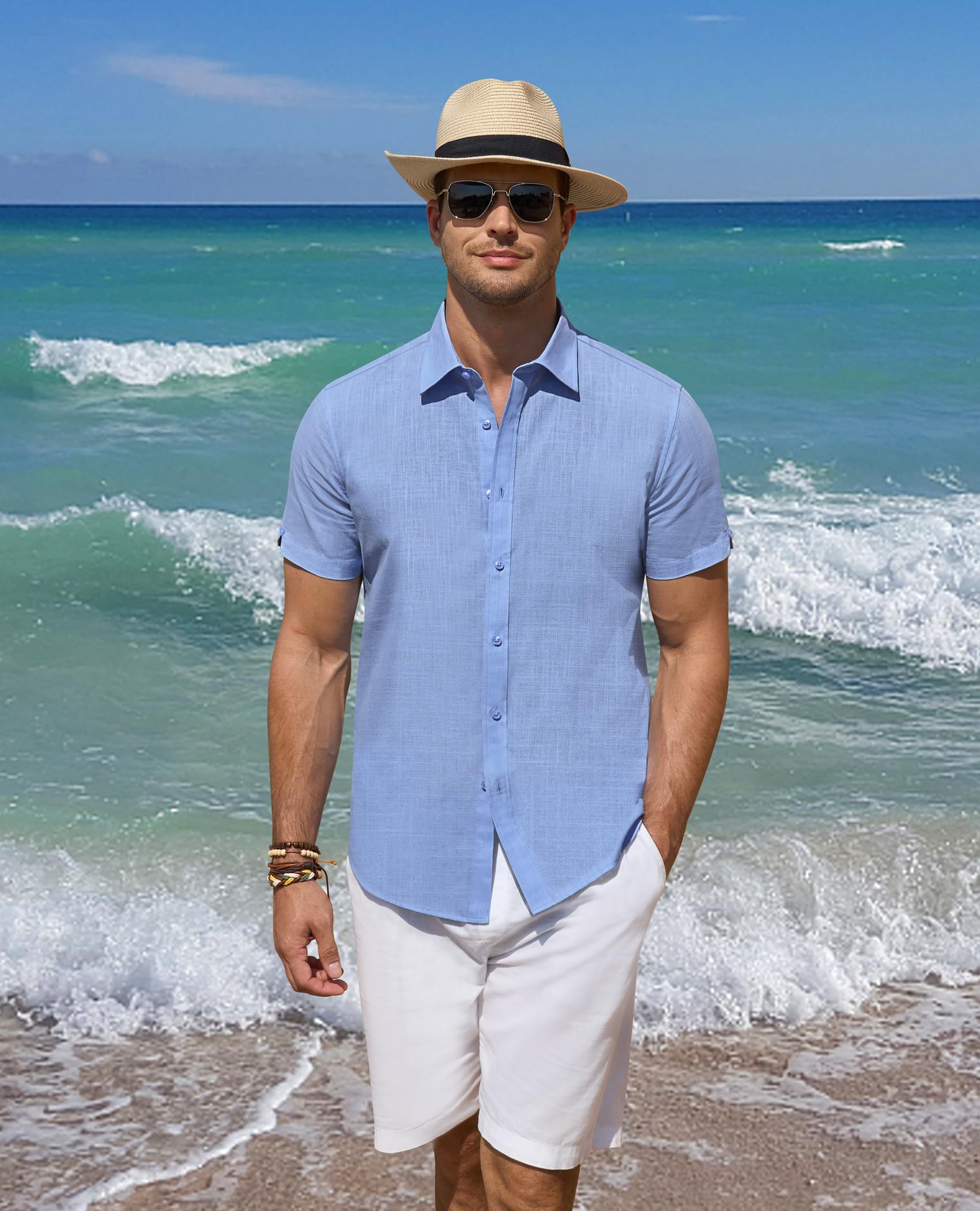DEMEANOR Camicie di lino da uomo a maniche corte con bottoni, camicie estive da spiaggia, casual, in lino, con bottoni, per vacanze e matrimoni | Misto lino e cotone, leggero, senza tasca, aderente, camicia con bottoni, alla moda, vacanze, matrimonio, res