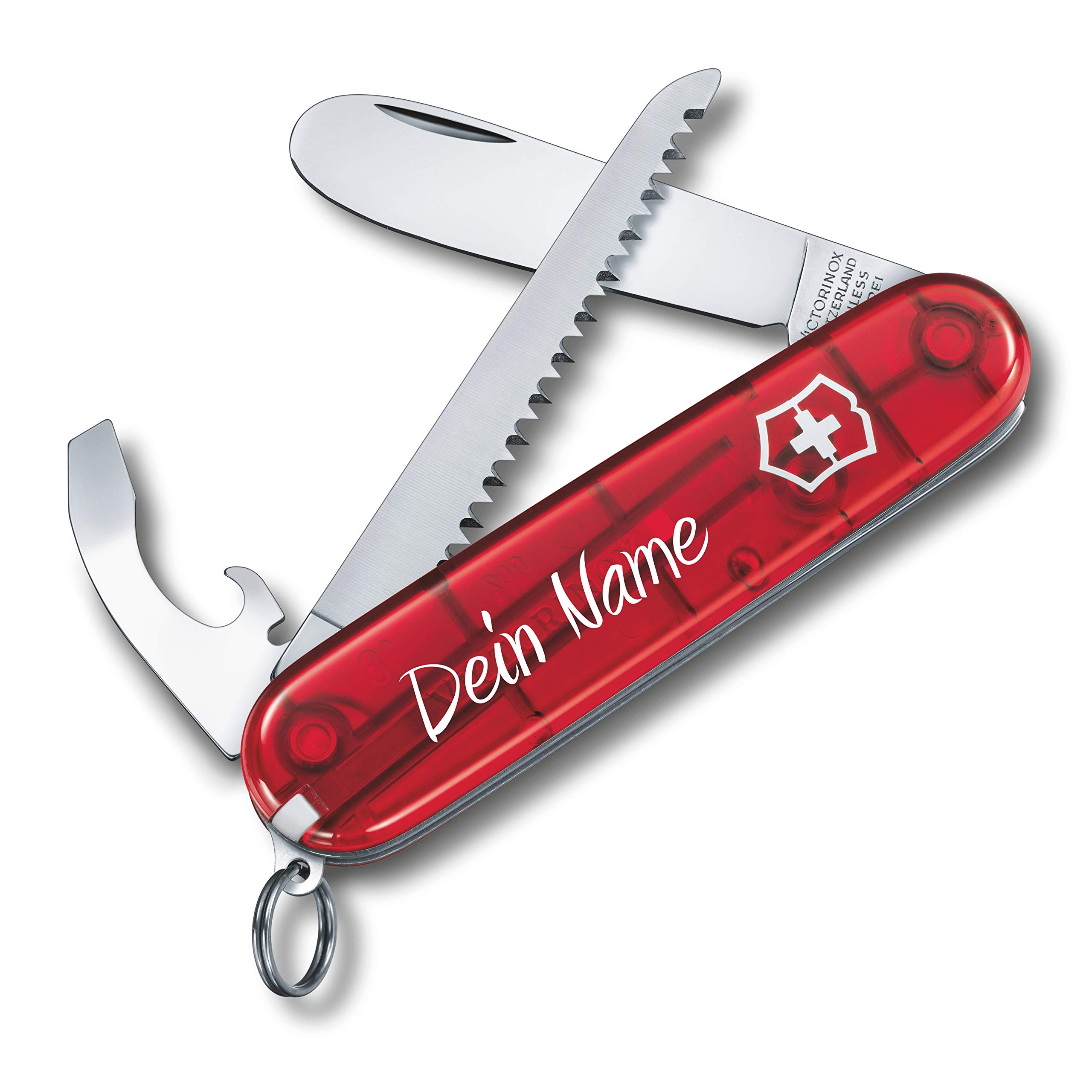 MY FIRST VICTORINOX Couteau de poche suisse pour enfants, couteau de poche personnalisé avec 9 fonctions, gravure du nom selon vos souhaits, cadeau pour enfants pour anniversaire (rouge transparent)