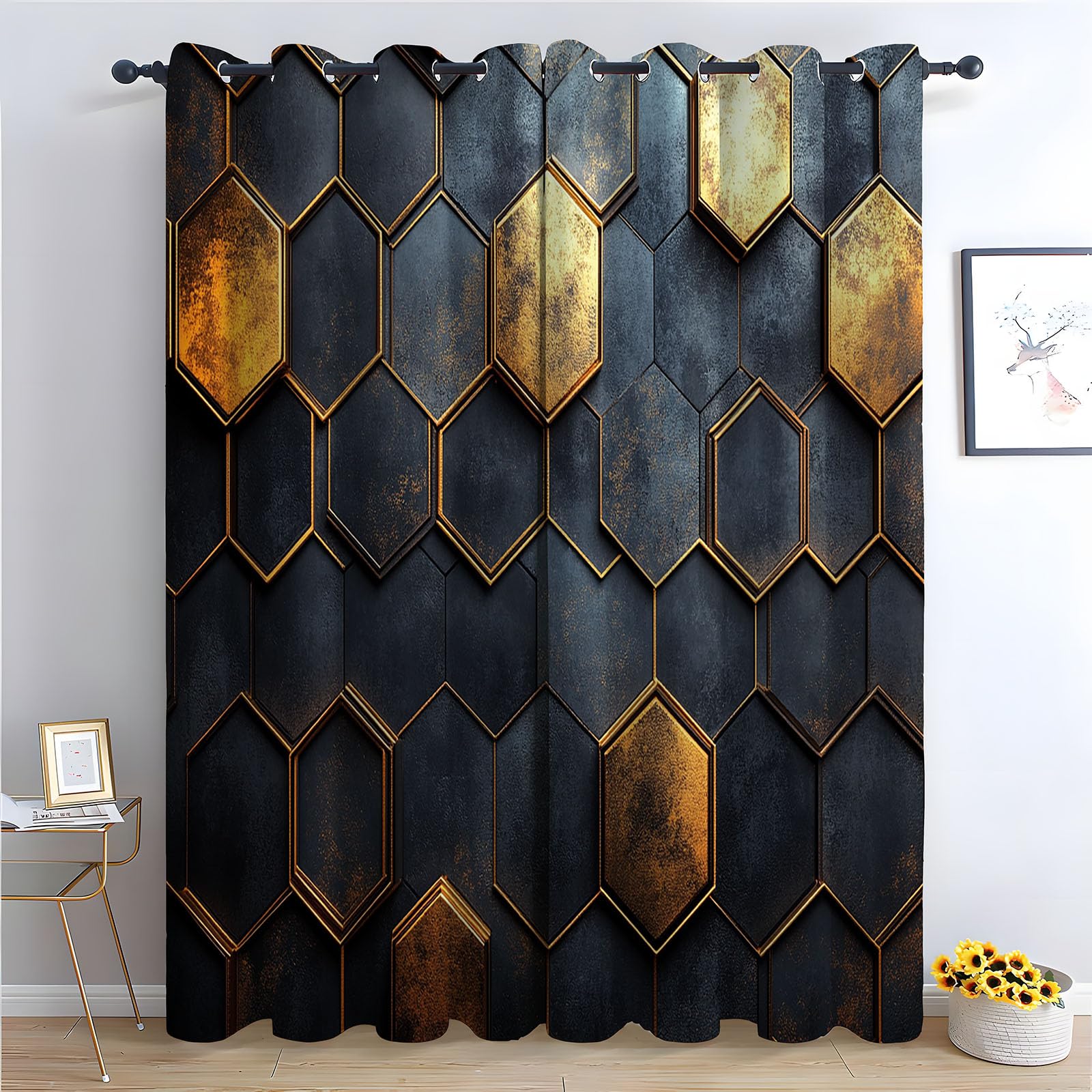 Verdunkelungsvorhänge Abstrakter, Modernes geometrisches Goldwabenmuster Moderne Kunstmalerei, Vorhang für Wohnzimmer, Schlafzimmer-H215 x B100 cm (2er Pack)