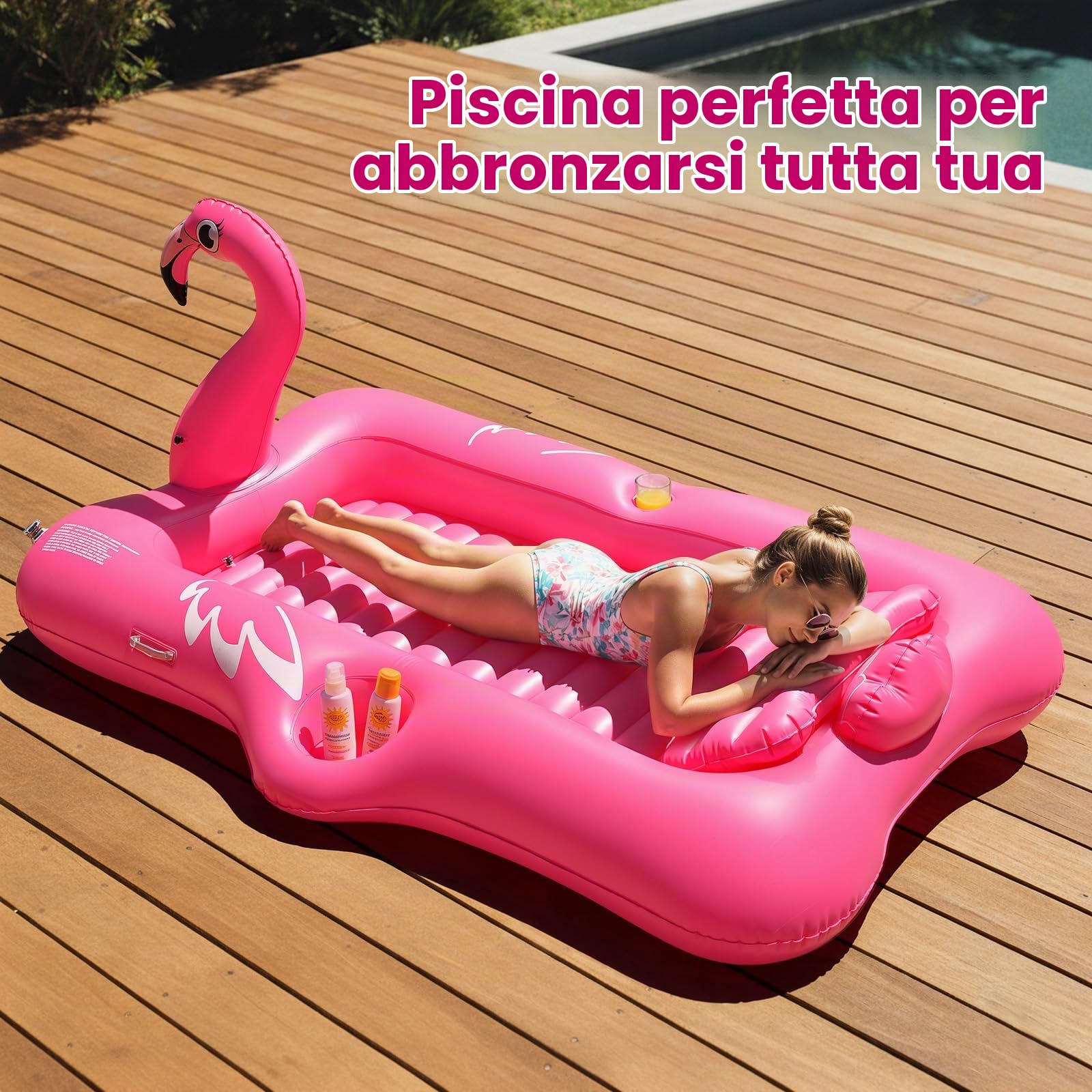 HeySplash Piscina Gonfiabile per Abbronzatura, Lettino Flamingo con Portabicchieri, Gonfiabili per Adulti, Materassino con Maniglie e Cuscino Staccabile per Spiaggia ed Estate (210x128 cm)