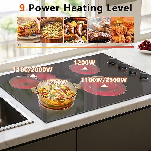 Miniatura 5 de Estufa eléctrica de 30 pulgadas, 4 quemadores, estufa de cerámica de vidrio integrada de 6700 W, 30 pulgadas con anillo ovalado y expandido, control