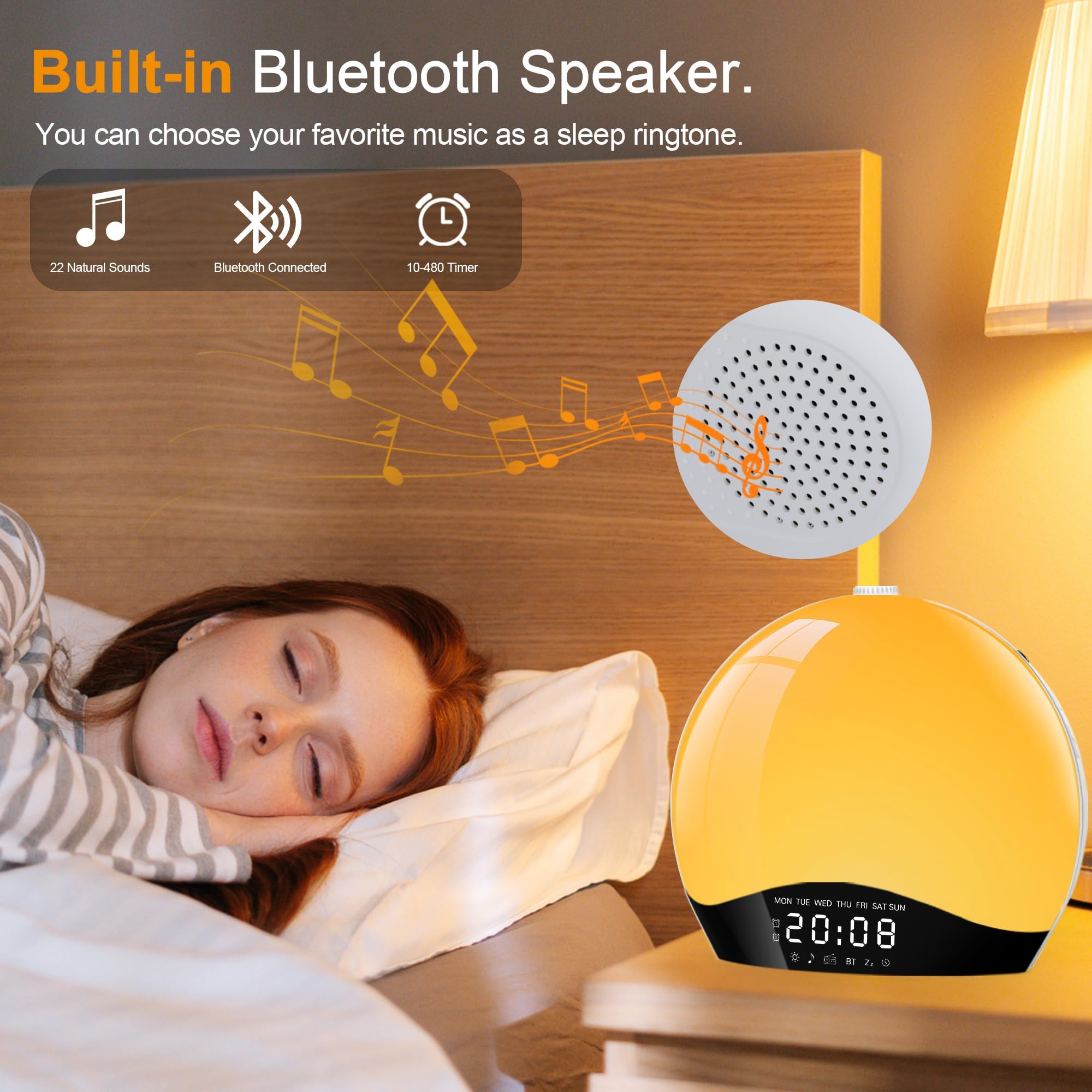 Bluetooth Tageslichtwecker Lichtwecker, Wake up Light, Wecker mit Licht, Sonnenaufgang Sonnenuntergang Simulation, Bluetooth Lautsprecher, 22 Naturgeräuschen, 20 Helligkeit Nachttischlampe für Kinder
