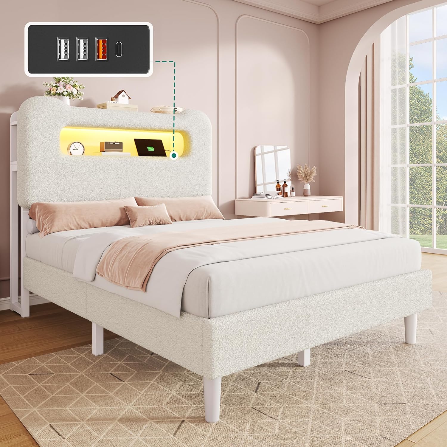 YITAHOME Full Size Bed Frame, LED Bed Frame with Storage Headboard, Boucle Upholstered Bed with Outlet & USB Ports, No Box Spring Needed, Easy Assembly, Cream