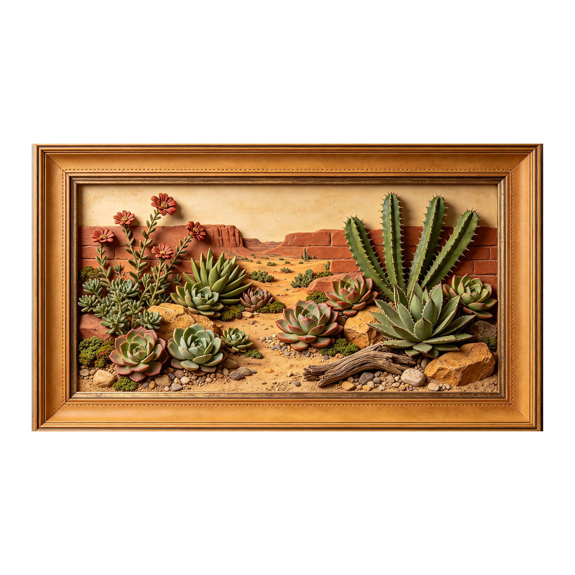 Murasolite 3D Framed Wall Art Desert Succulent Cactus Landscape Rustic Style SelfAdhesive Fabric Mural Wall Decor， Peel and Stick No Damage to Wall， AntiFall Safe Design for Bedroom Living Room