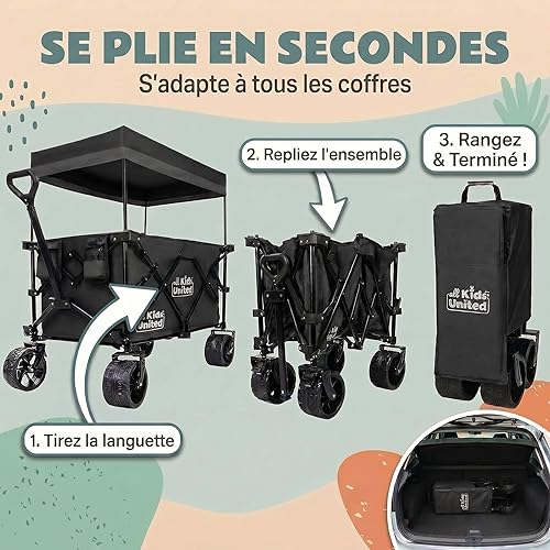 all Kids United Foldable Handcart Transport Wagon with 90L Capacity, 150kg Load, XXL Gel Tyres with Brakes, Adjustable Handle, Sun Canopy, Black, 90cm - 3