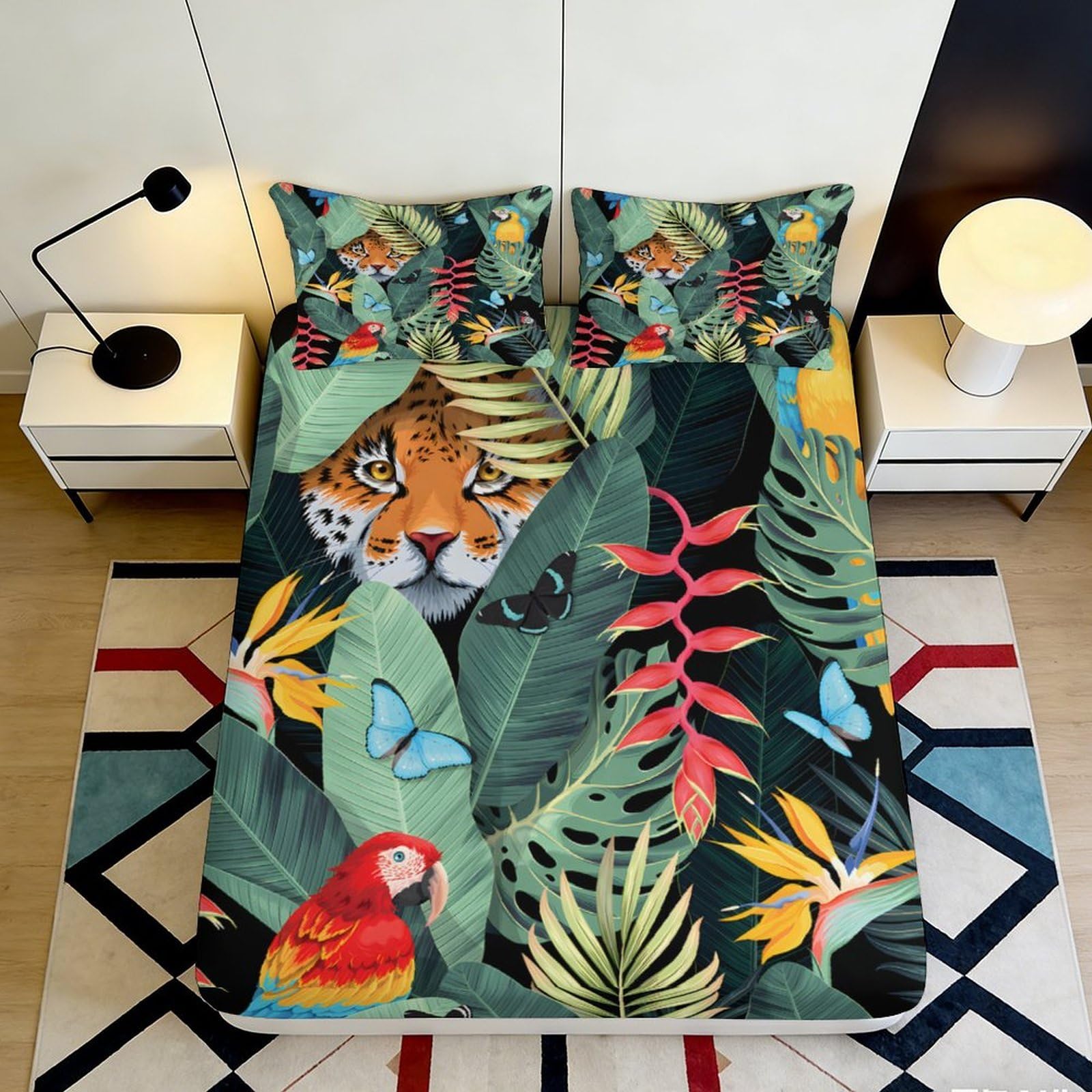 3D Printed Jungle Tiger Fitted Sheet Microfiber Soft Parrot Mattress Cover Tropical Leaves Bedroom Decor 90x200x25cm