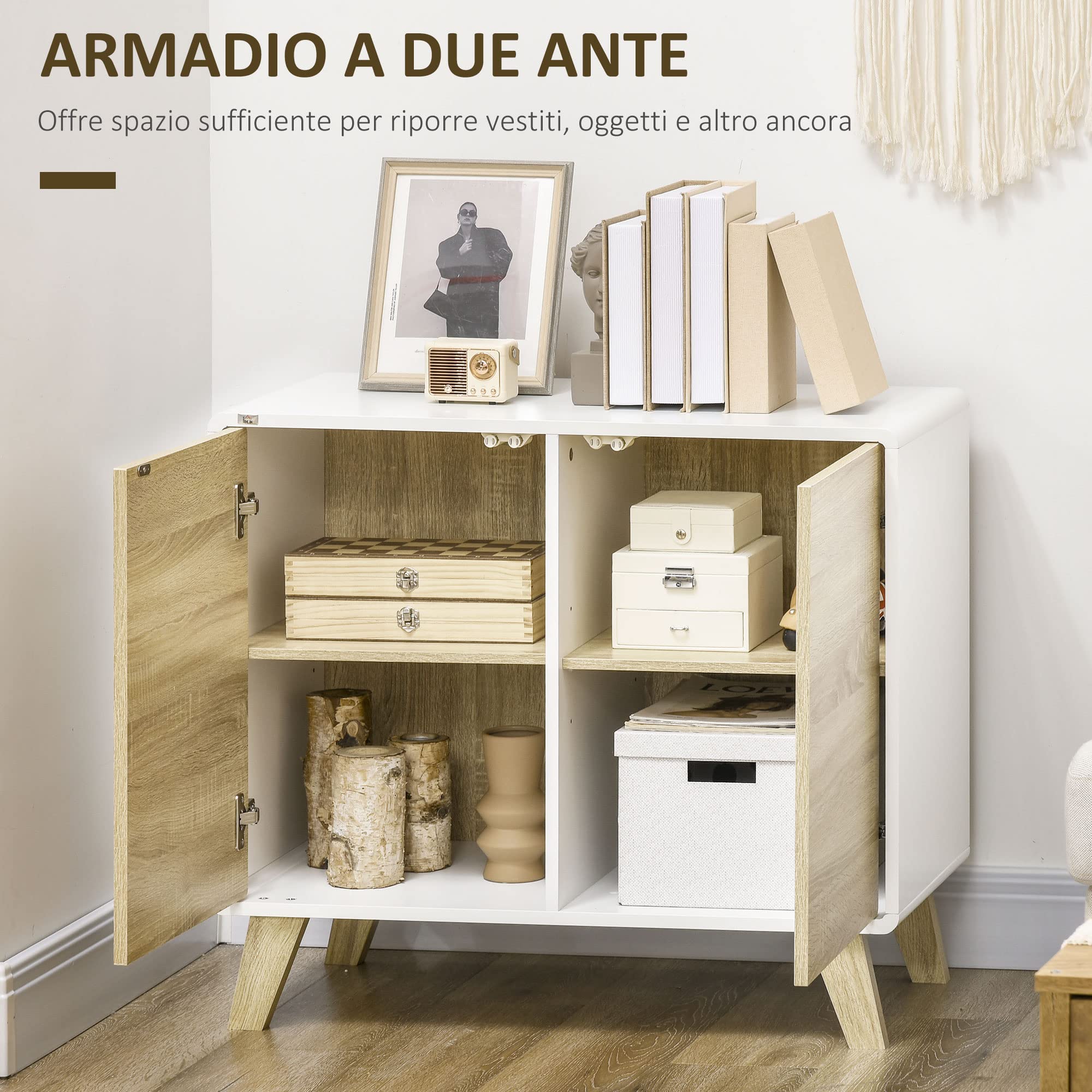 HOMCOM Mobile Multiuso con 2 Ante, Mobile Multiuso con Ante a Pressione e Mensole Regolabili, Mobiletto Salotto e Camera in Legno, 80x40x70cm, Bianco e Quercia