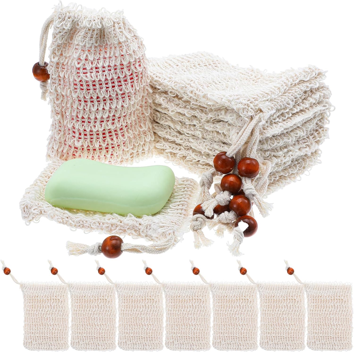 COMNICO 100 Pcs Soap Exfoliating Bag, Natural Sisal Soap Saver Bag Hand Made Pouch with Drawstring Mesh Net Drying Soaps Holder for Bath and Shower