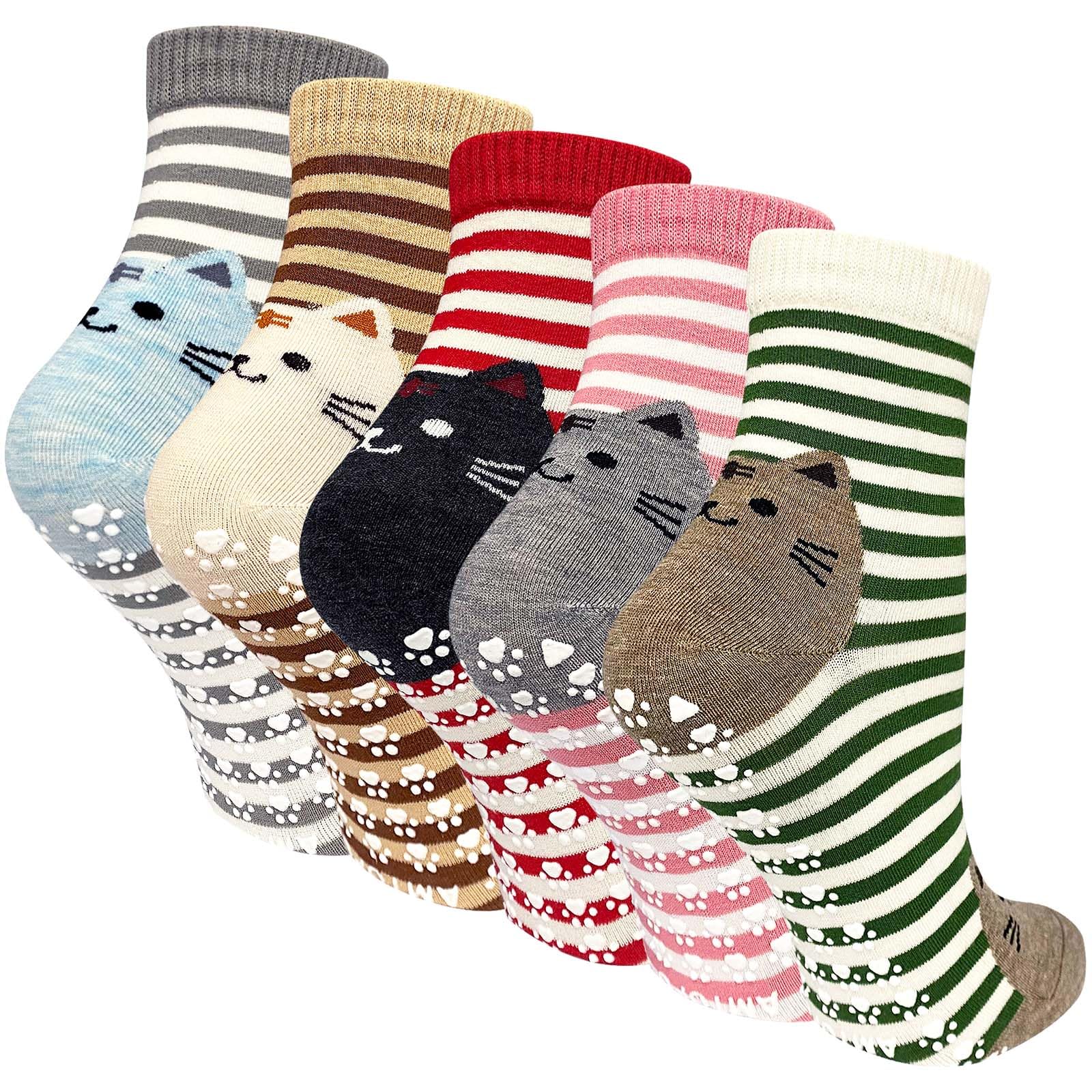ZFSOCK Calzini Antiscivolo Donna Fantasia: Calze Non Scivolare con Grip Divertenti Colorate Gatto Animali Motivo per Fitness Sport Ospedale 5 Paia Taglia EU 35-42