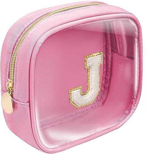 Pequeña bolsa de maquillaje transparente con letra inicial personalizada, bolsa de maquillaje de nailon con parche preppy de chenilla, letra A-Z,