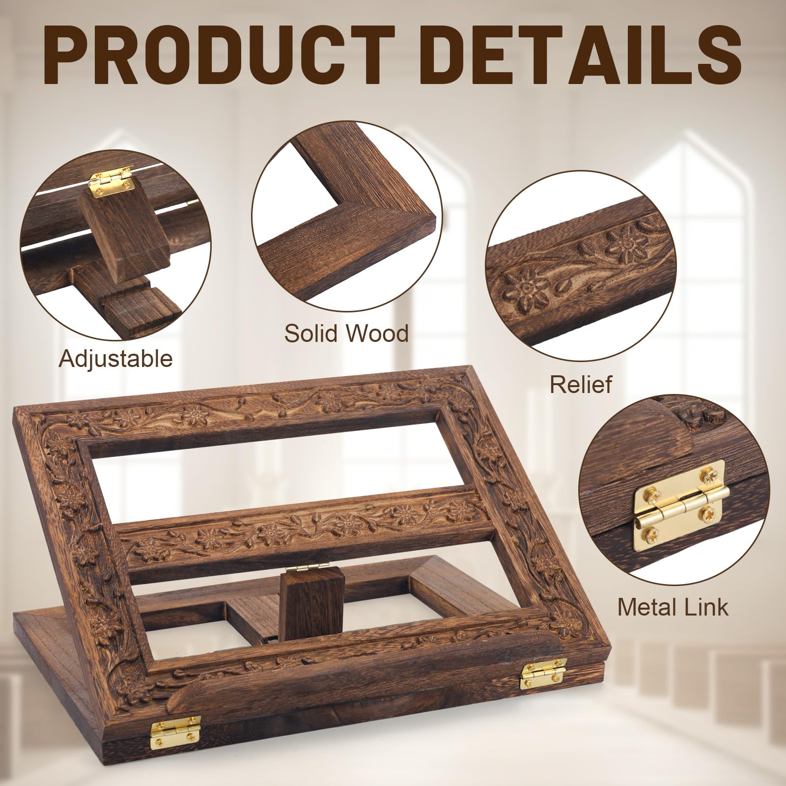 DERTE Support réglable en bois sculpté pour livre de missel pour table | Support de présentation pliable 25,4 x 33 cm pour lire des livres et prières religieuses